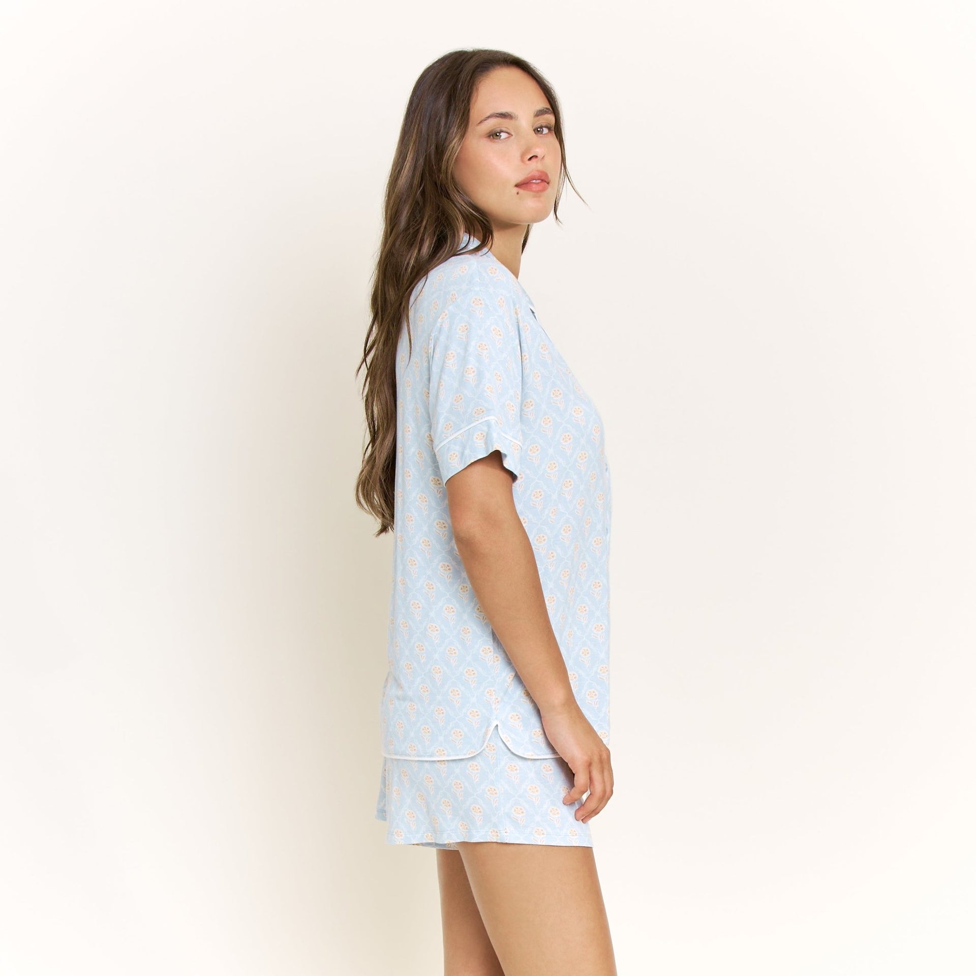 All American Shortie PJ Set in Blue Sky Garden Floral - Honeydew - XS