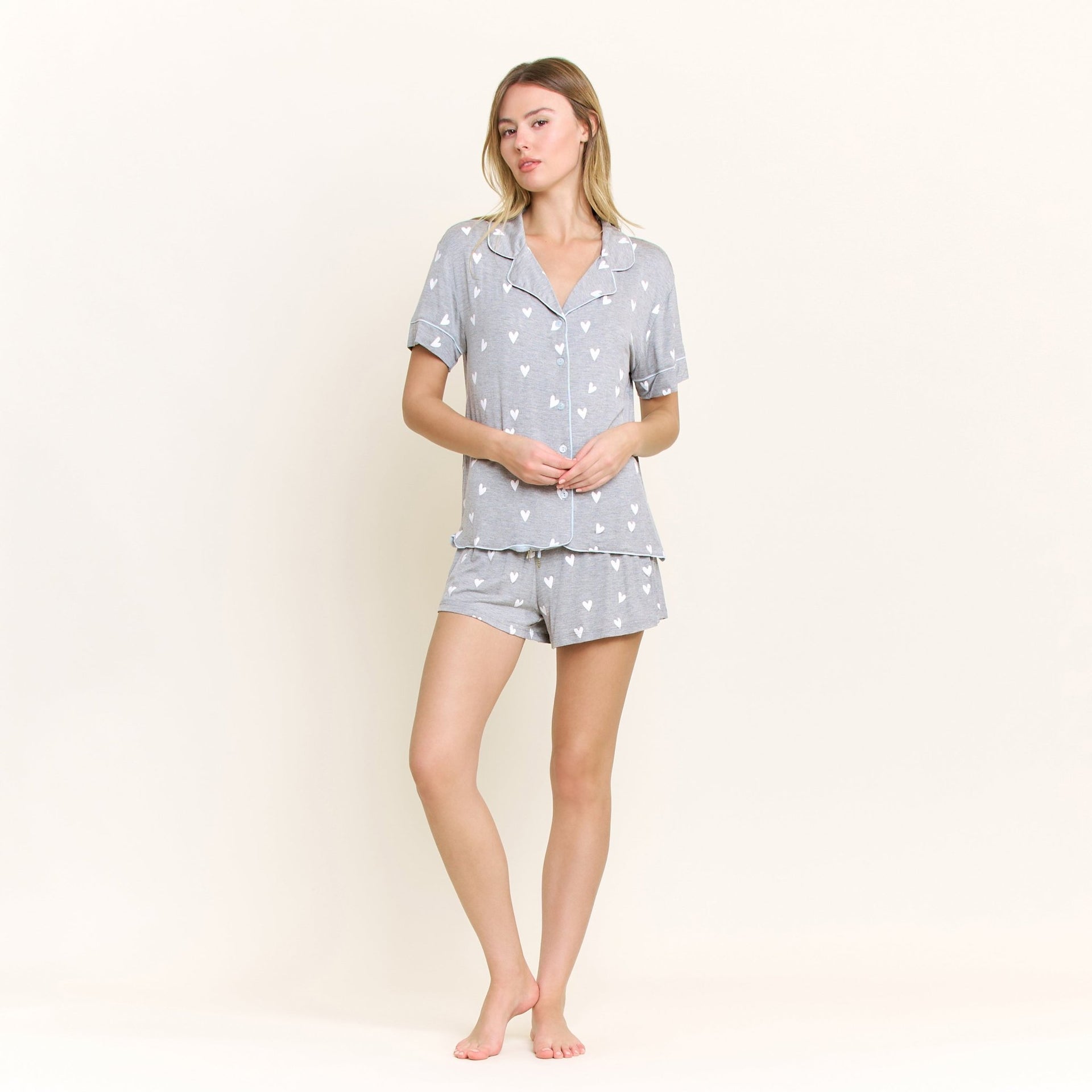 All American Shortie PJ Set in Heather Grey Hearts - Shortie Set - XL