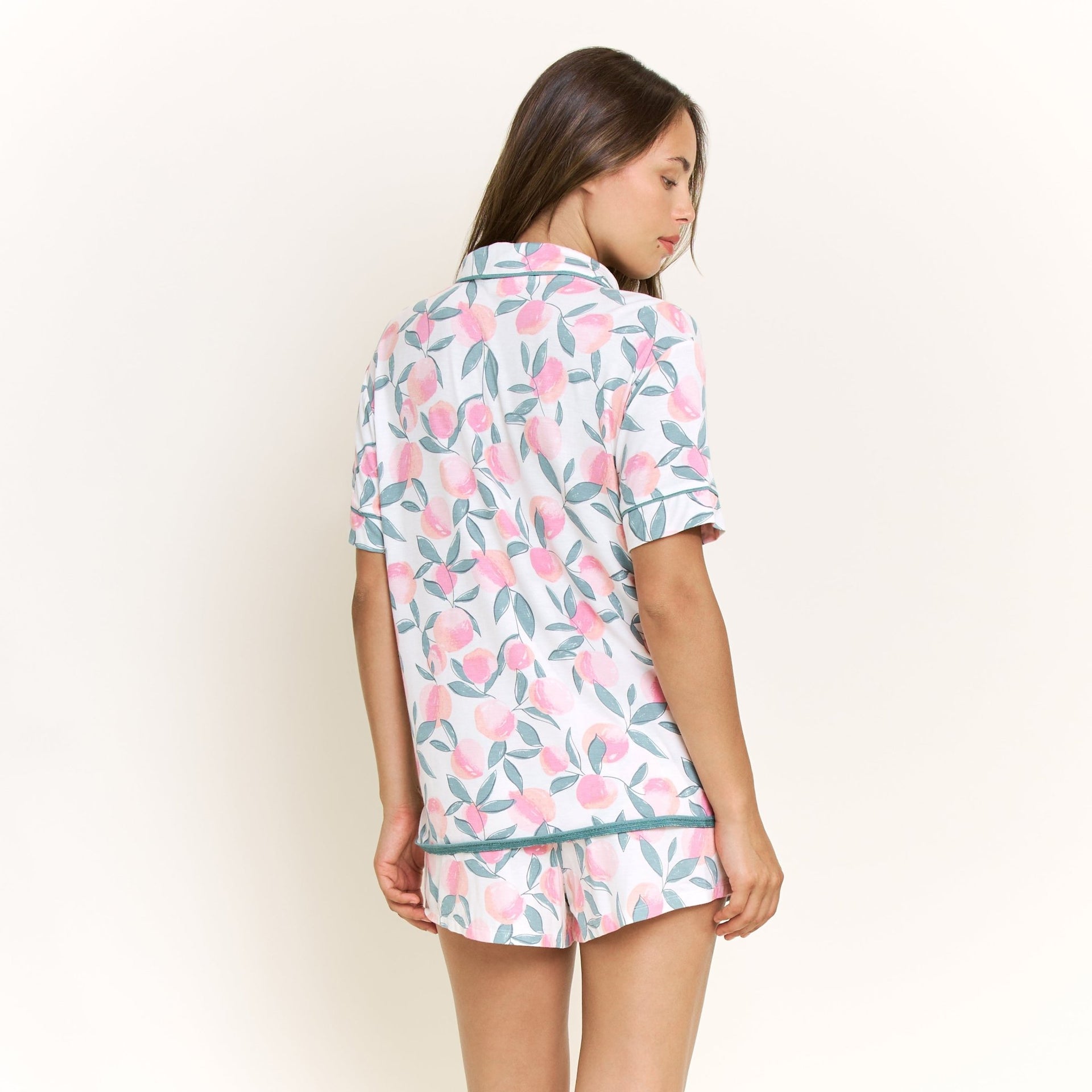 All American Shortie PJ Set in Ivory Peach Blooms - -