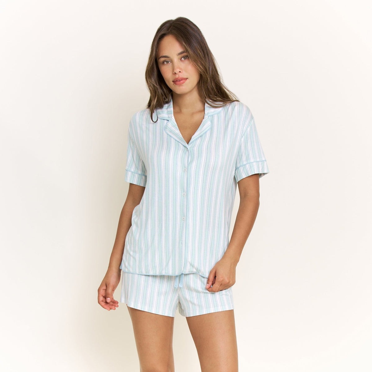 All American Shortie PJ Set in Sage Stitched Stripe - Sleepwear & Loungewear -