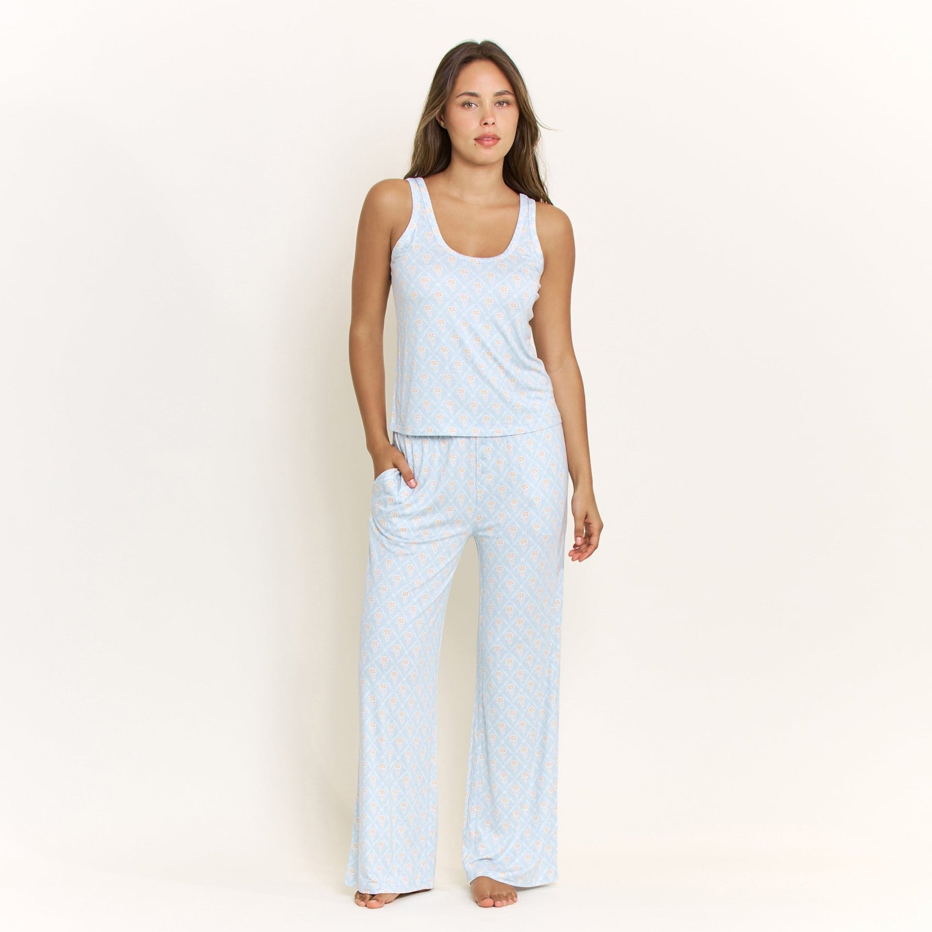 All American Tank Pant Set in Blue Sky Garden Floral - Honeydew - XS