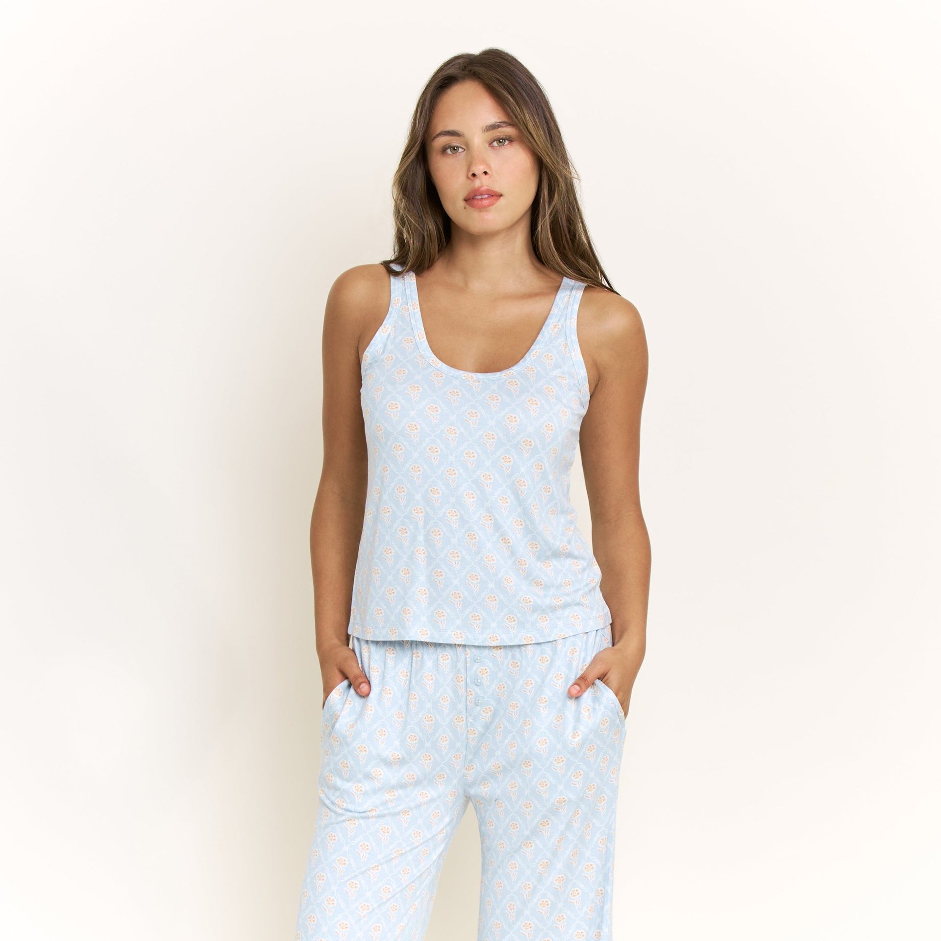 All American Tank Pant Set in Blue Sky Garden Floral - Honeydew - XS