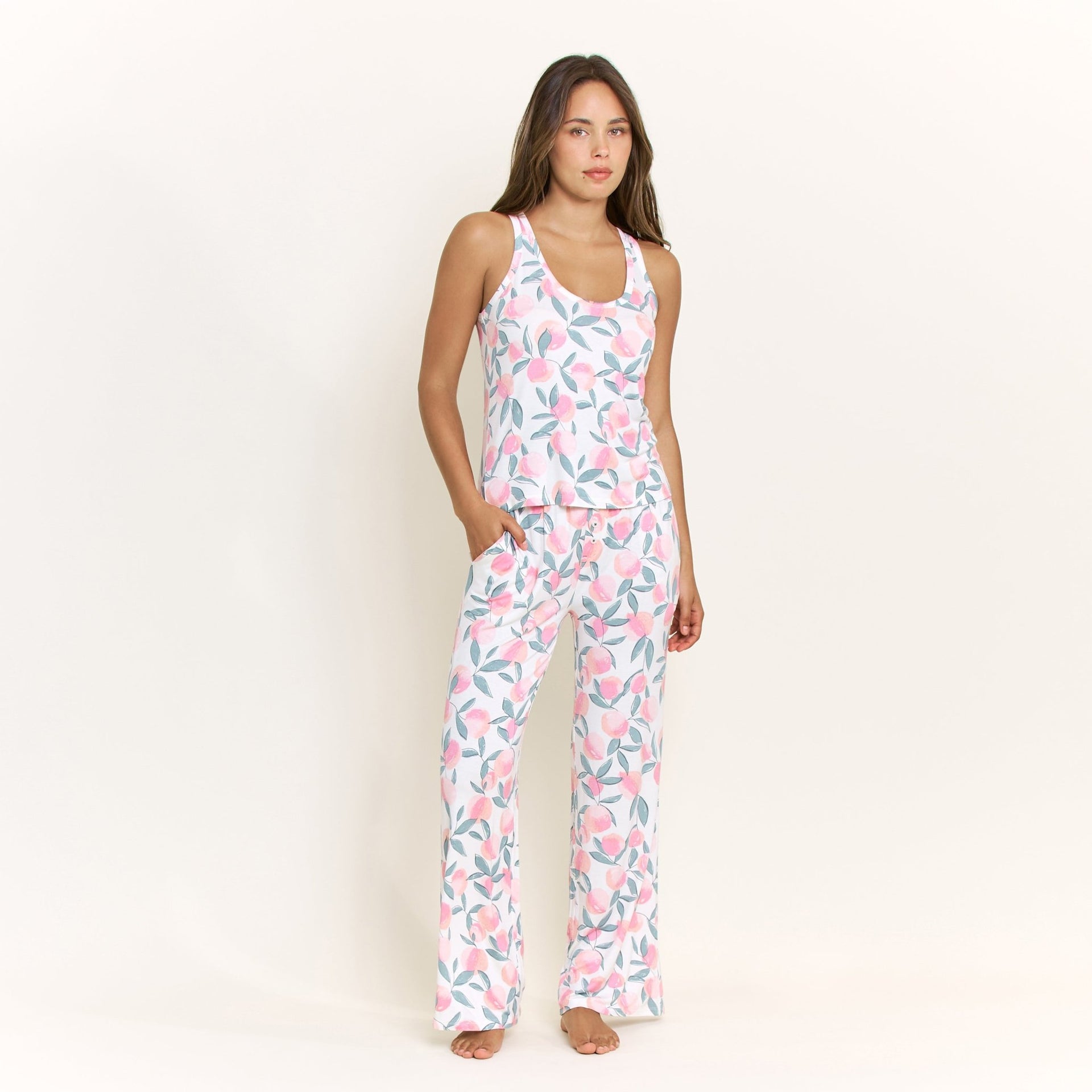 All American Tank Pant Set in Ivory Peach Blooms - Honeydew - XS