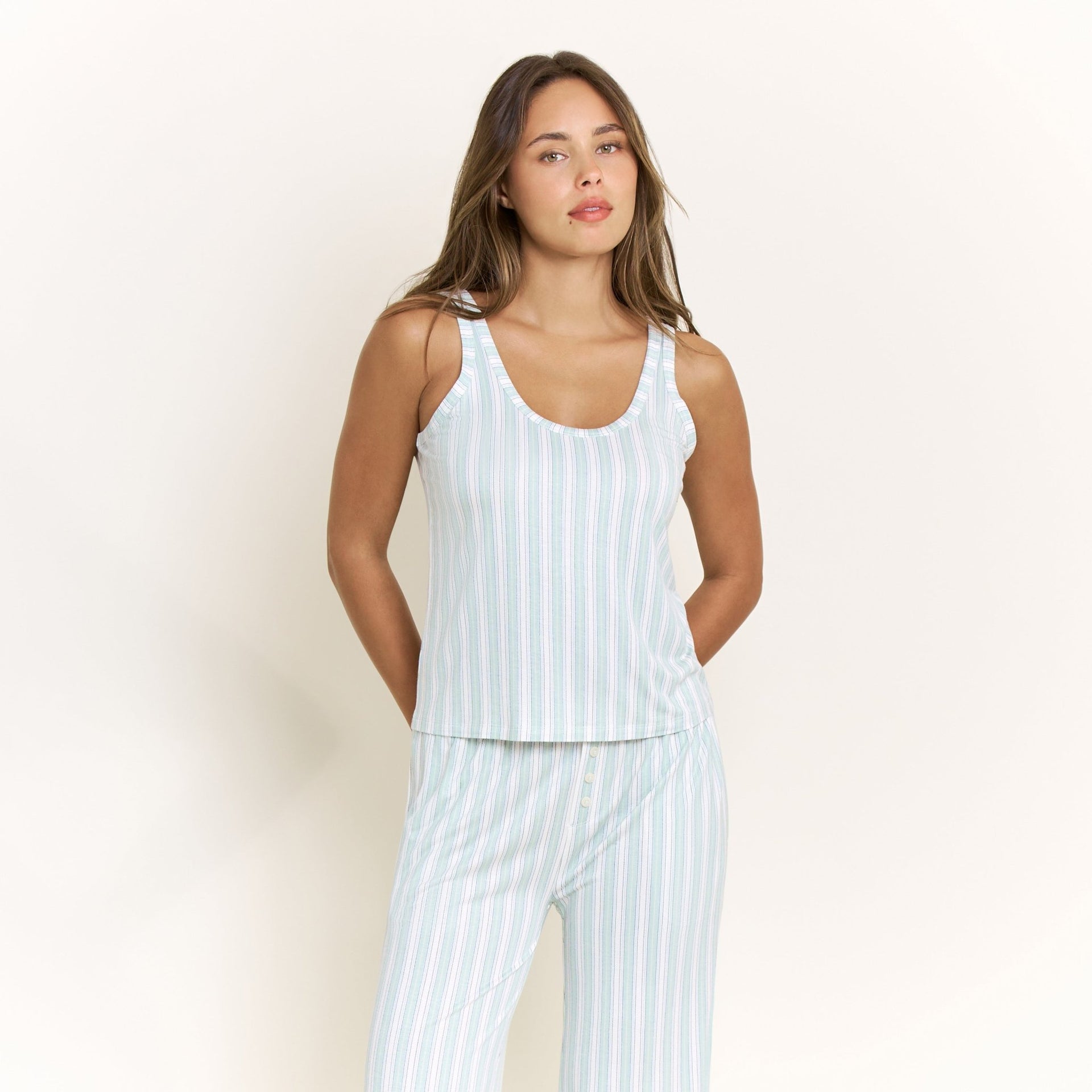 All American Tank Pant Set in Sage Stitched Stripe - Honeydew - XS