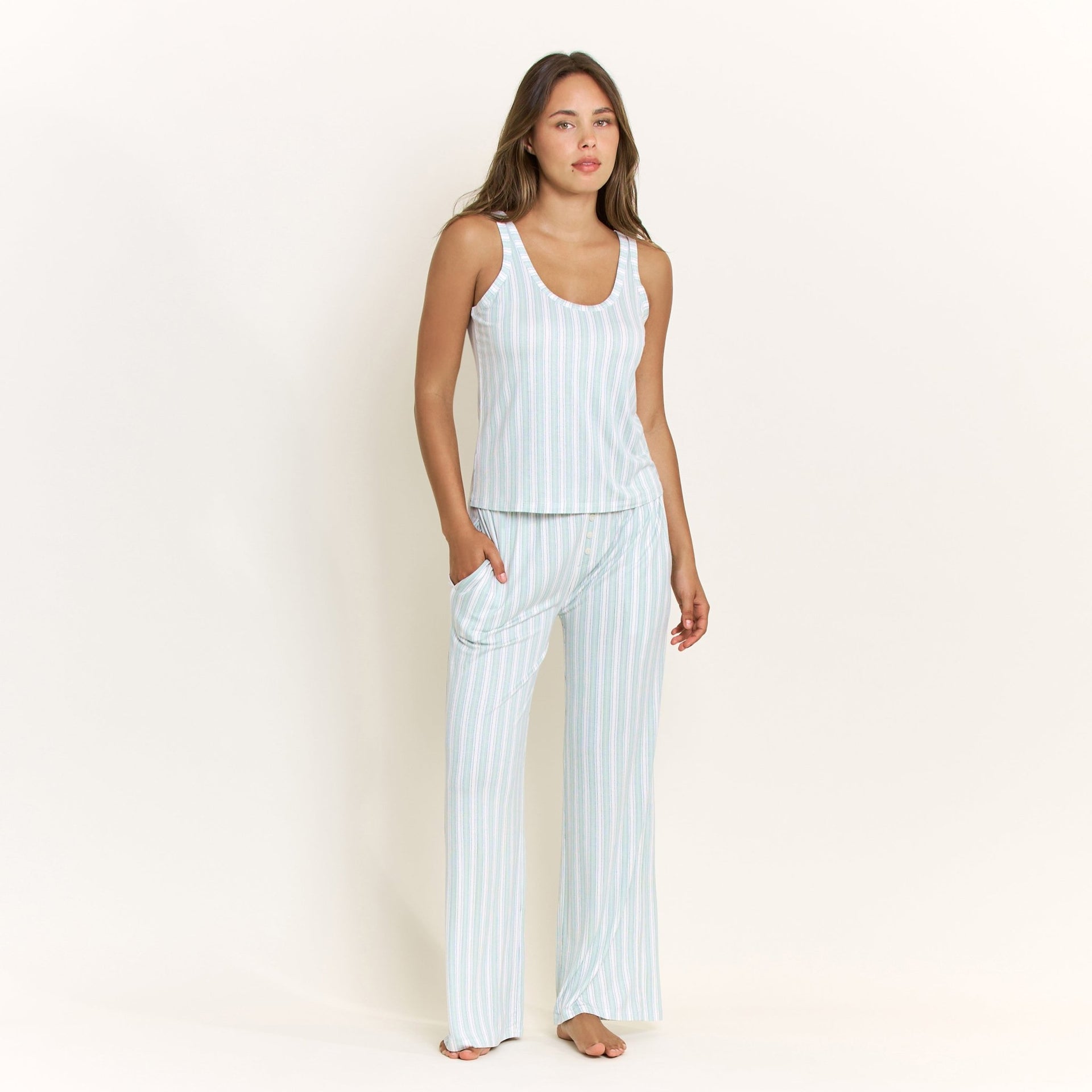 All American Tank Pant Set in Sage Stitched Stripe - Honeydew - XS