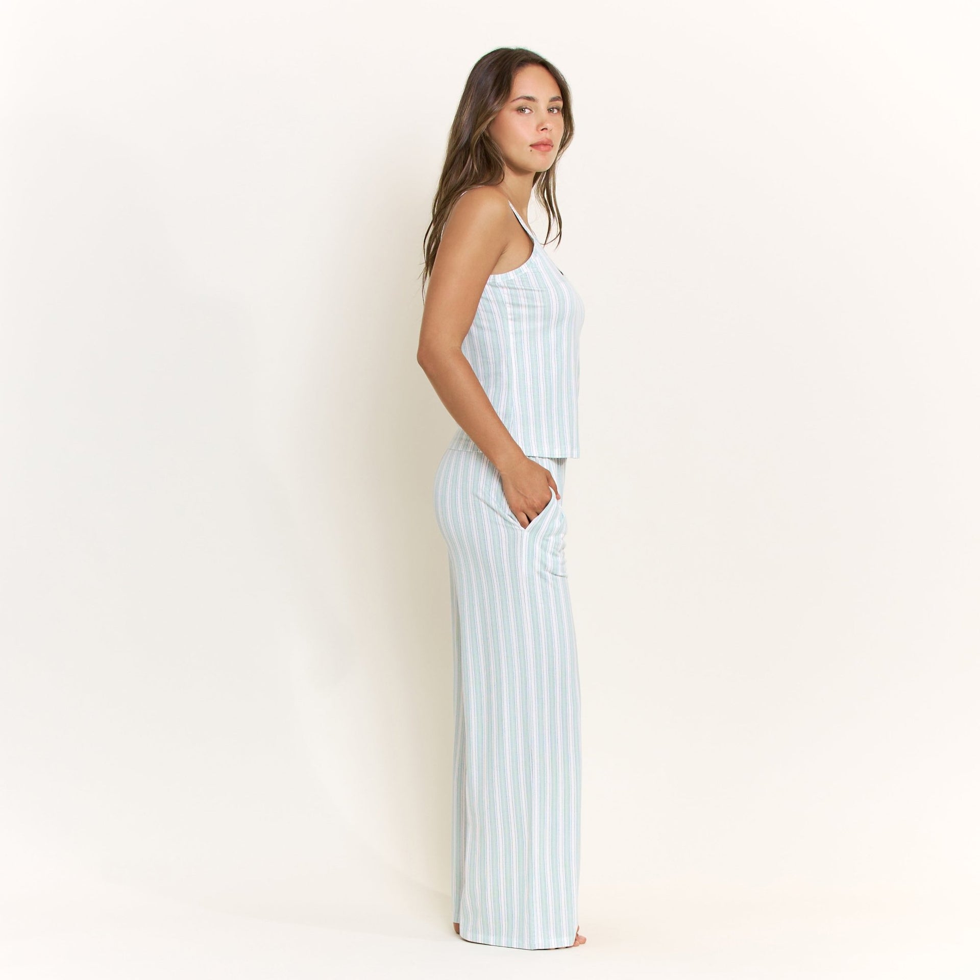 All American Tank Pant Set in Sage Stitched Stripe - Honeydew - XS