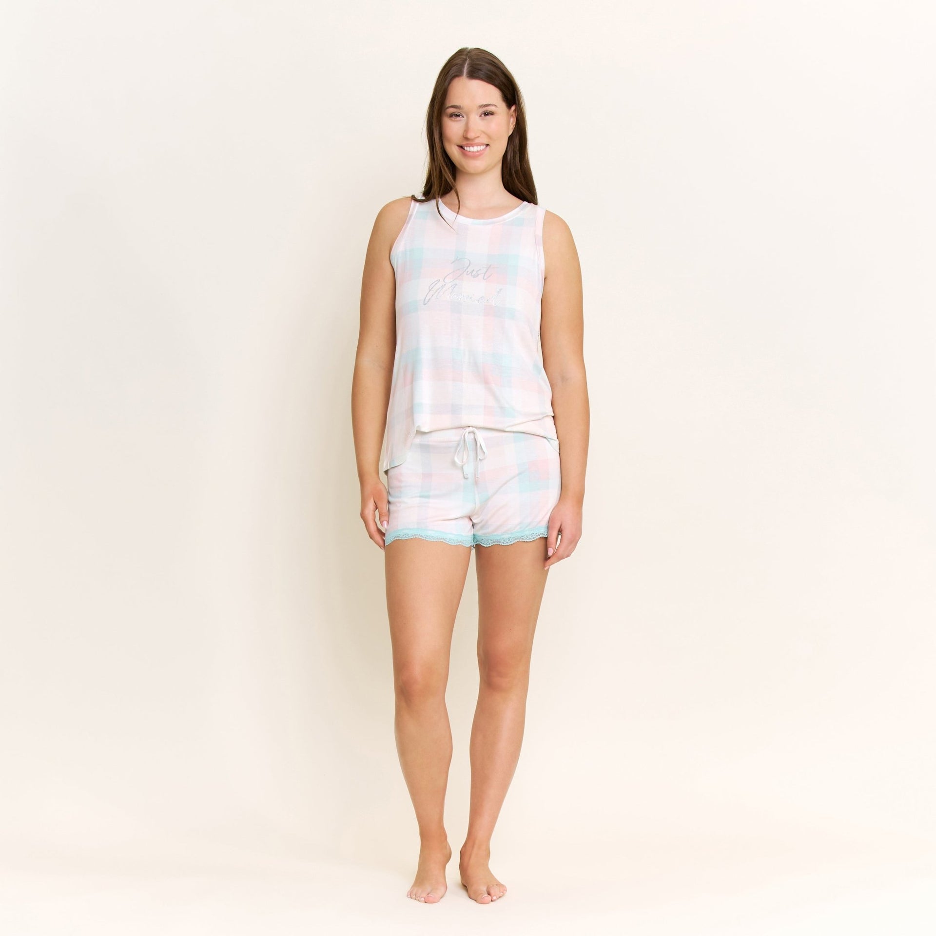 All American Tank Shortie Set in Bridal Check - Honeydew - XS