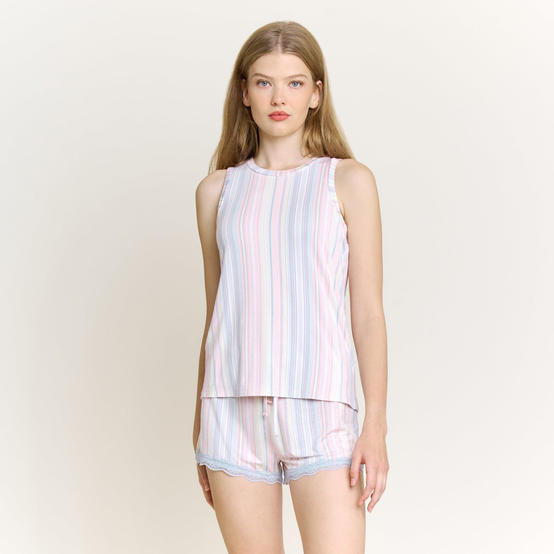 All American Tank Shortie Set in Dew Multi Stripe - Honeydew - XS