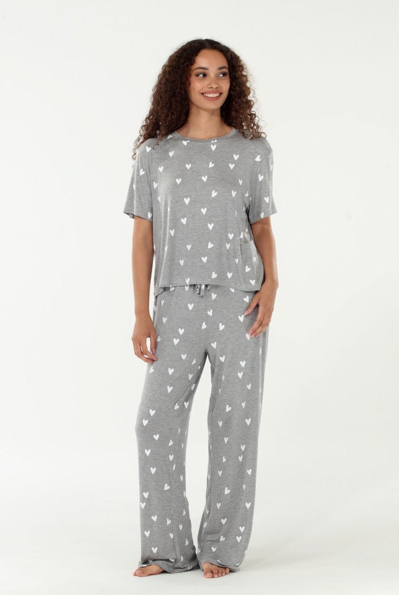 All American Tee Pant Set - Sleepshirt+Pants - Heather Grey Hearts