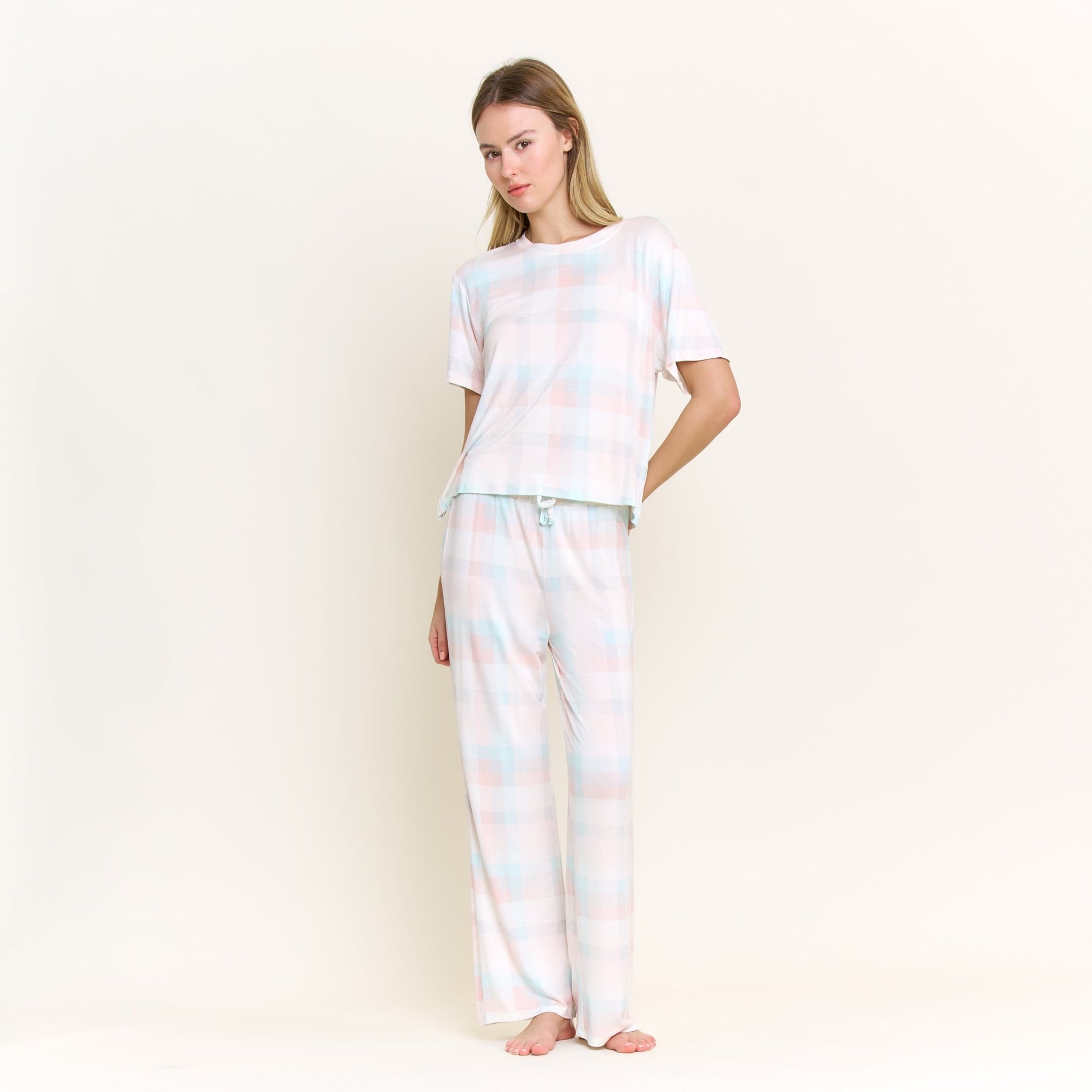 All American Tee Pant Set in Bridal Check - Sleepshirt+Pants -