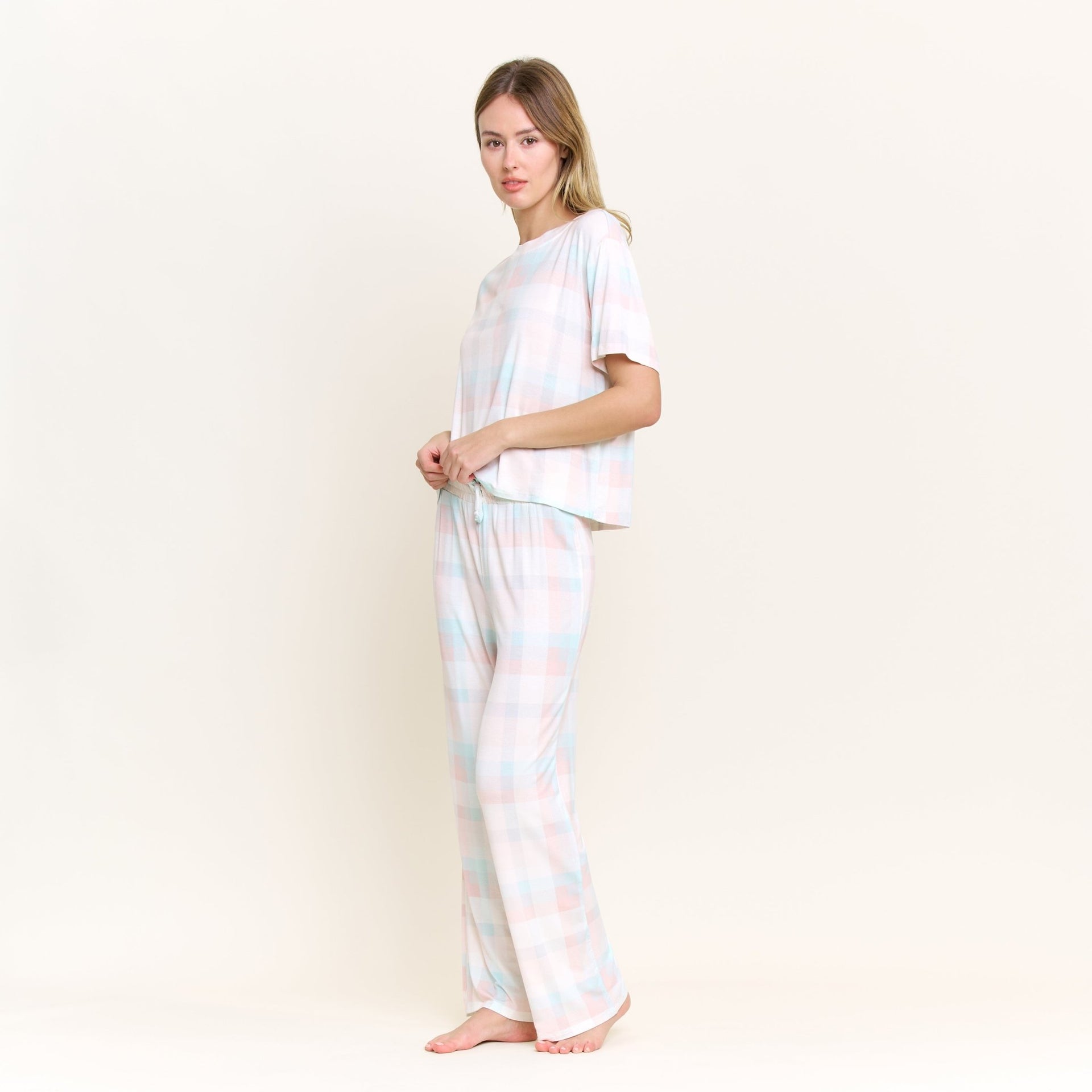 All American Tee Pant Set in Bridal Check - Sleepshirt+Pants -