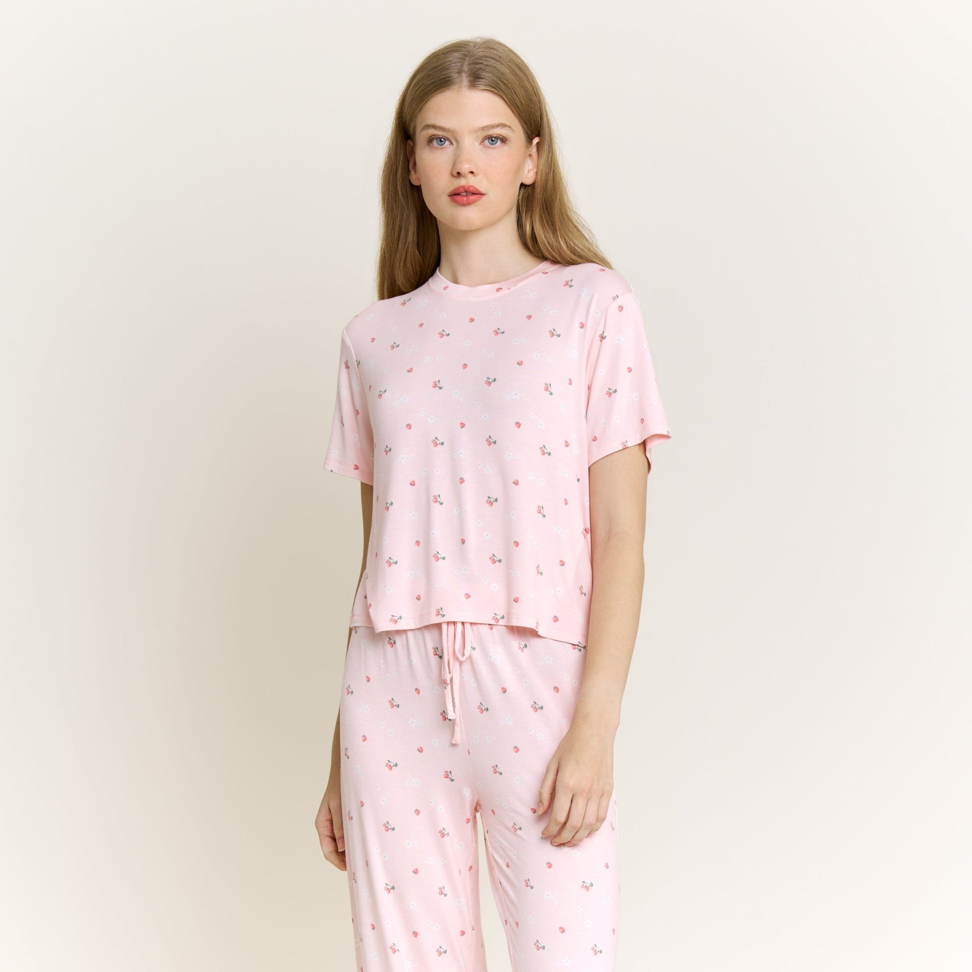 All American Tee Pant Set in Flora Strawberries - Honeydew - XS
