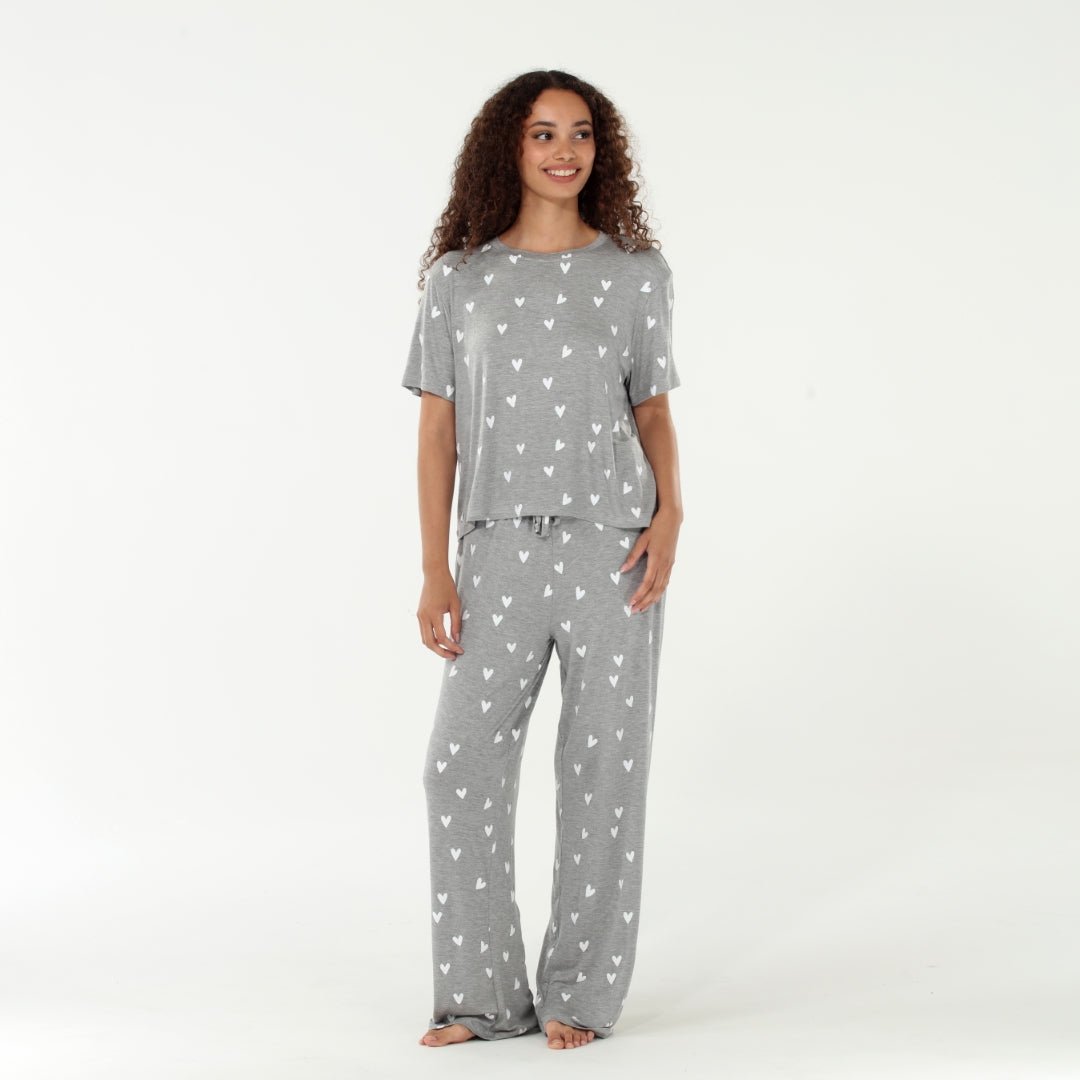 All American Tee Pant Set In Heather Grey Hearts - Sleepshirt+Pants - X-Large