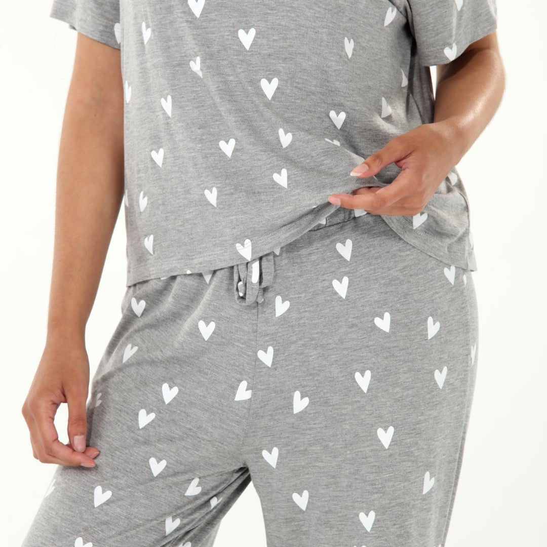 All American Tee Pant Set In Heather Grey Hearts - Sleepshirt+Pants -