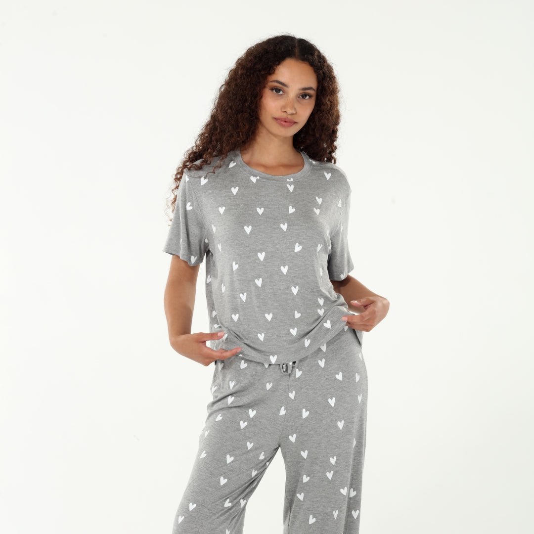 All American Tee Pant Set In Heather Grey Hearts - Sleepshirt+Pants -