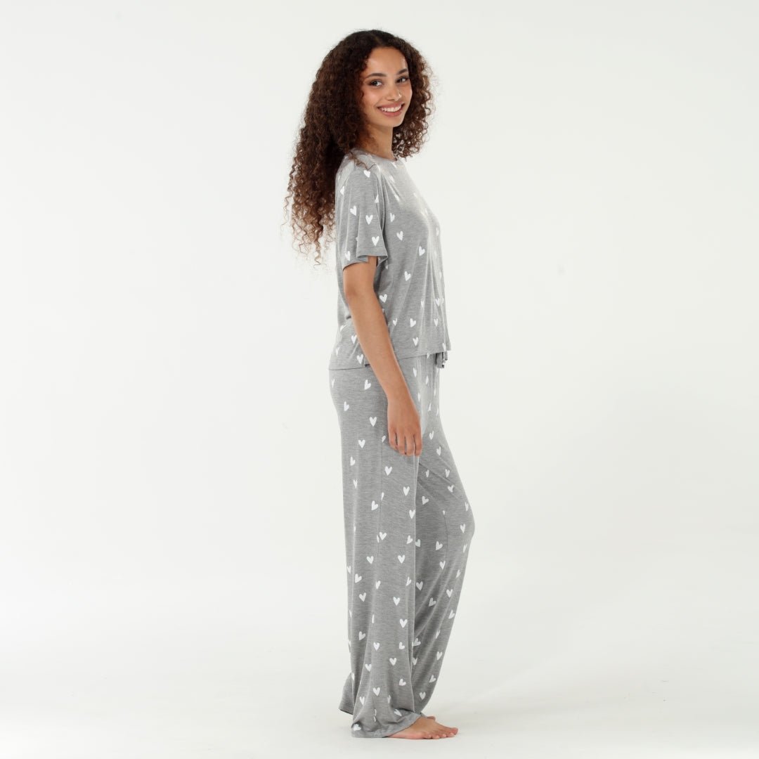 All American Tee Pant Set In Heather Grey Hearts - Sleepshirt+Pants -