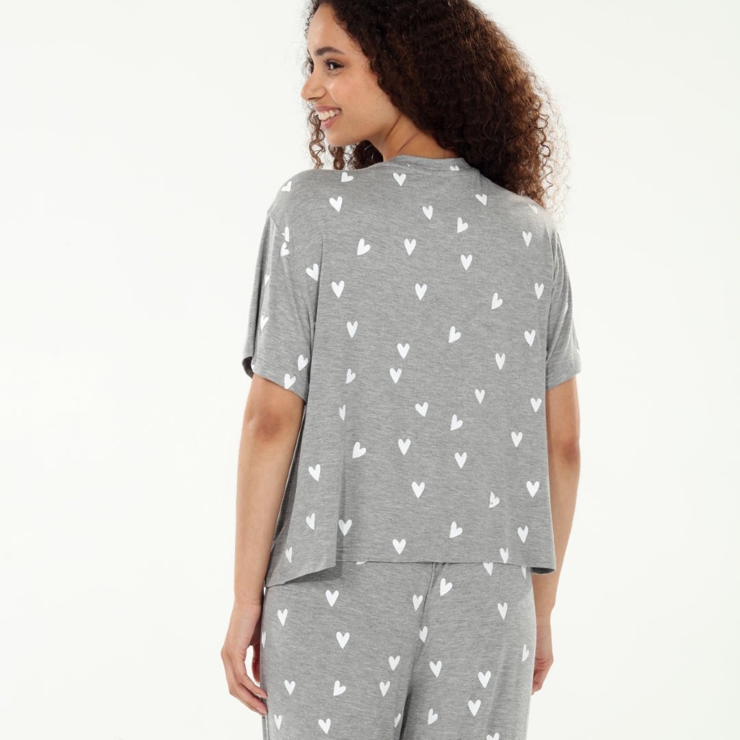 All American Tee Pant Set In Heather Grey Hearts - Sleepshirt+Pants -