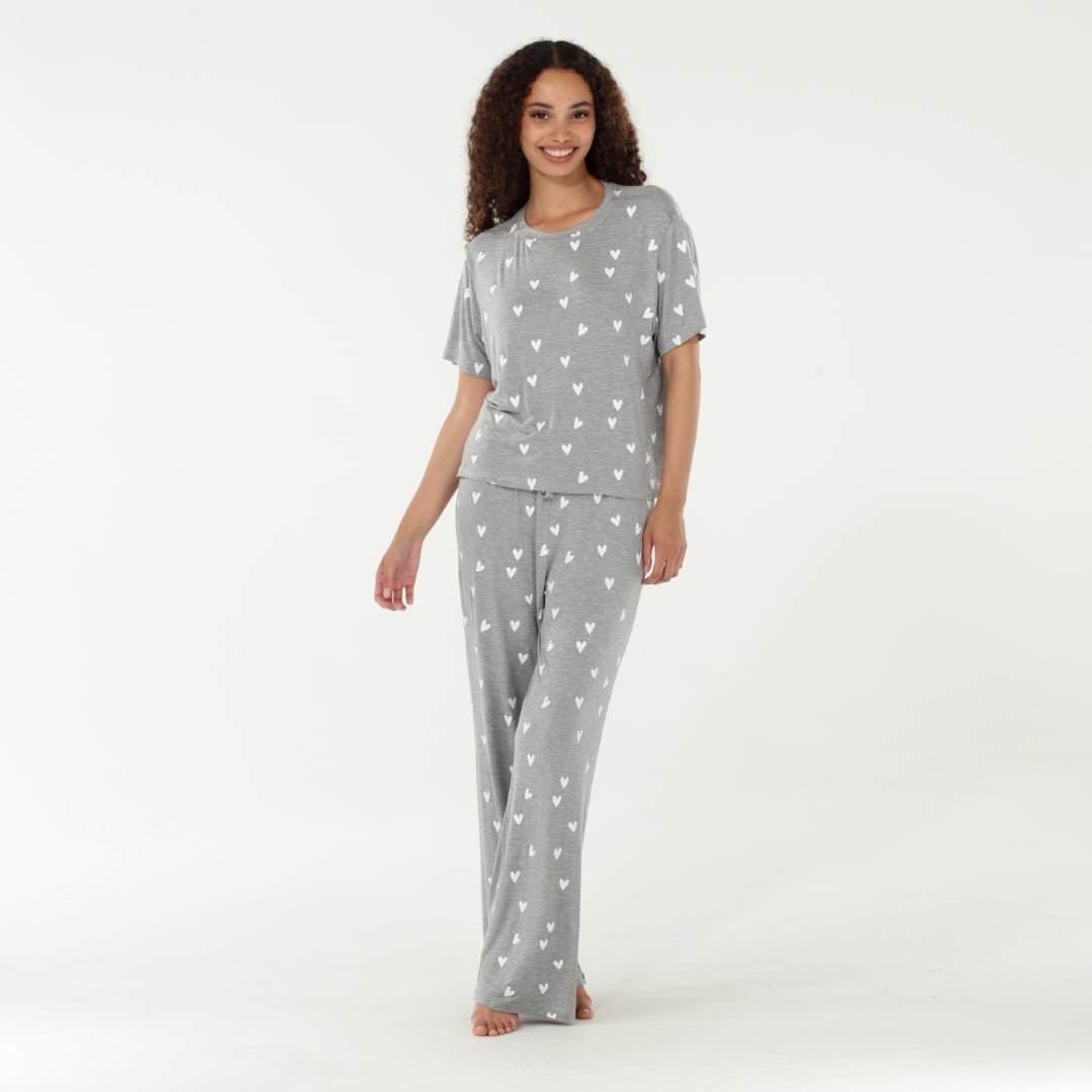 All American Tee Pant Set In Heather Grey Hearts - Sleepshirt+Pants -