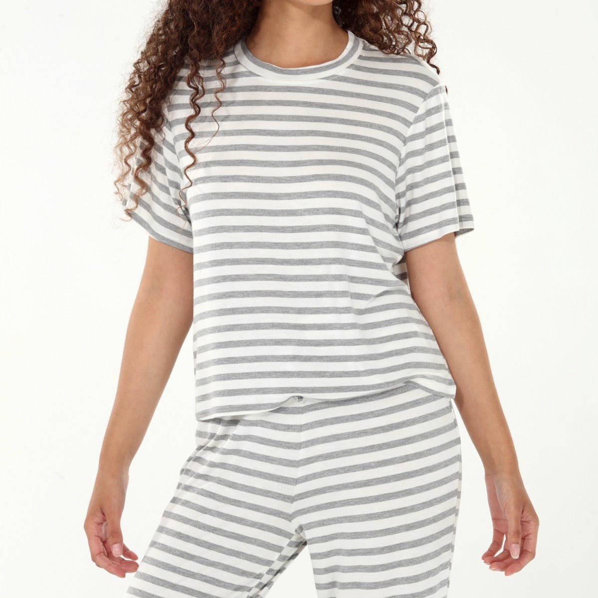 All American Tee Pant Set In Ivory Stripe - Sleepshirt+Pants -