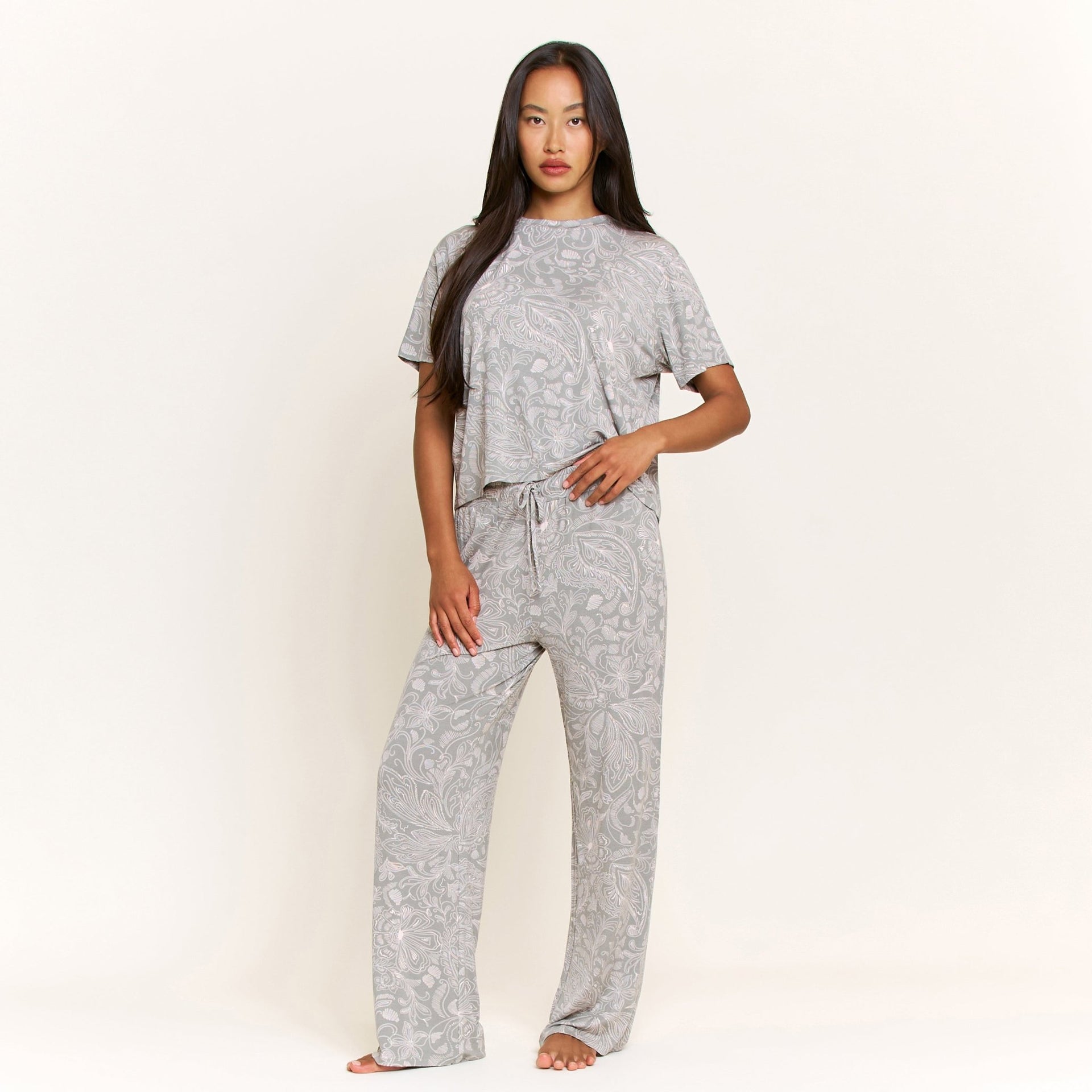 All American Tee Pant Set in Soft Olive Paisley - Honeydew - XS