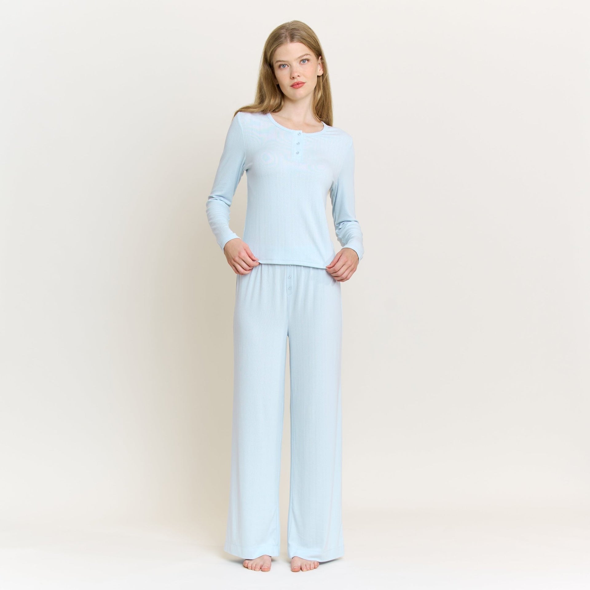 Blissful Long Henley Set in Dreamy - Honeydew - XS