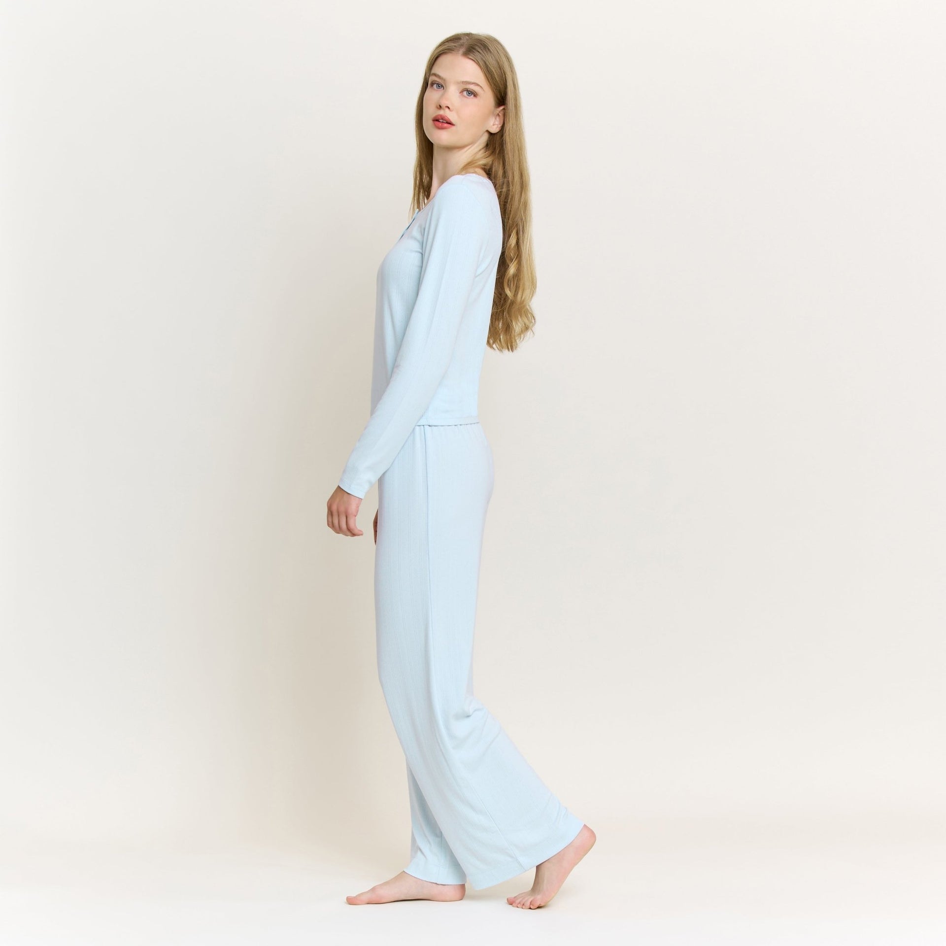 Blissful Long Henley Set in Dreamy - Honeydew - XS