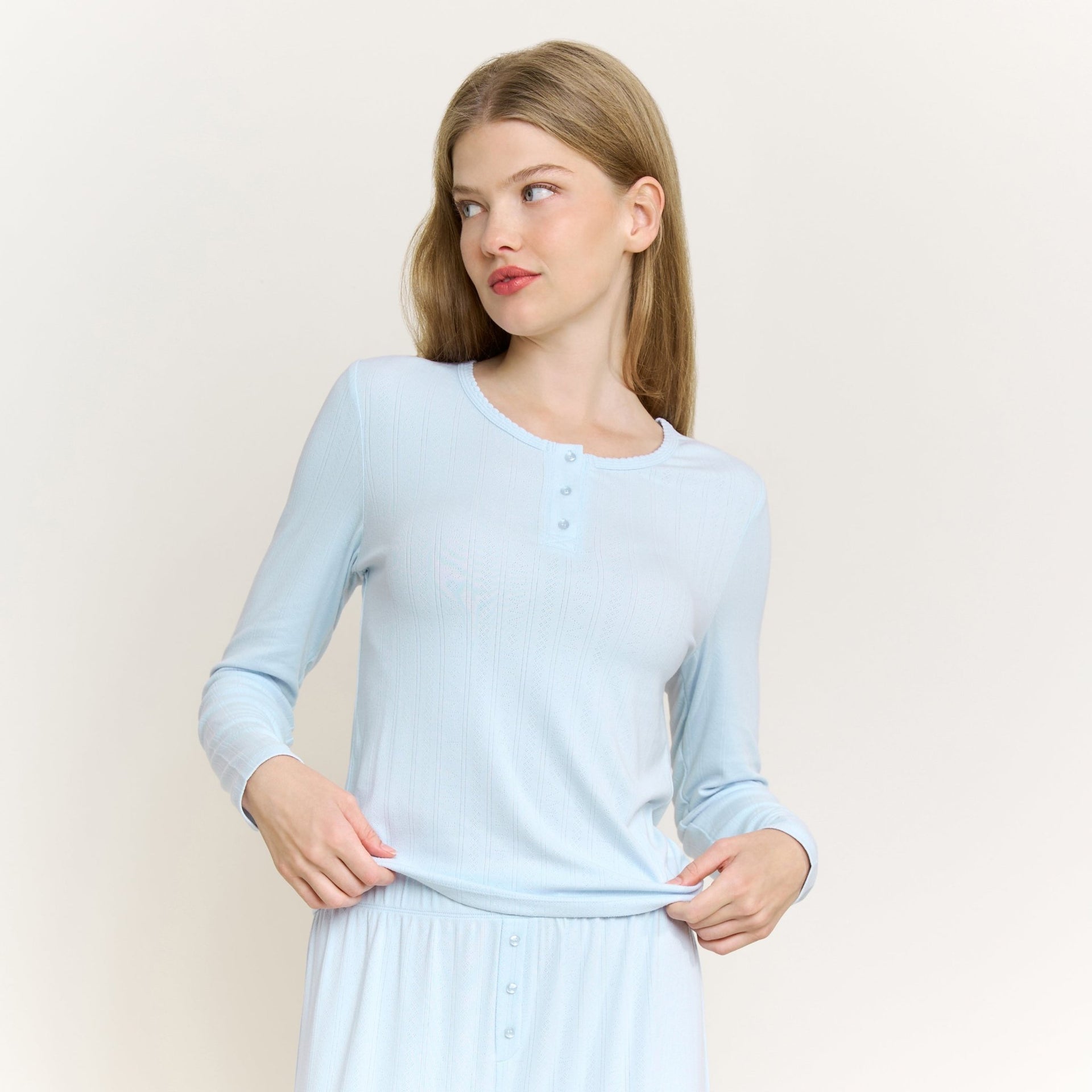 Blissful Long Henley Set in Dreamy - Honeydew - XS