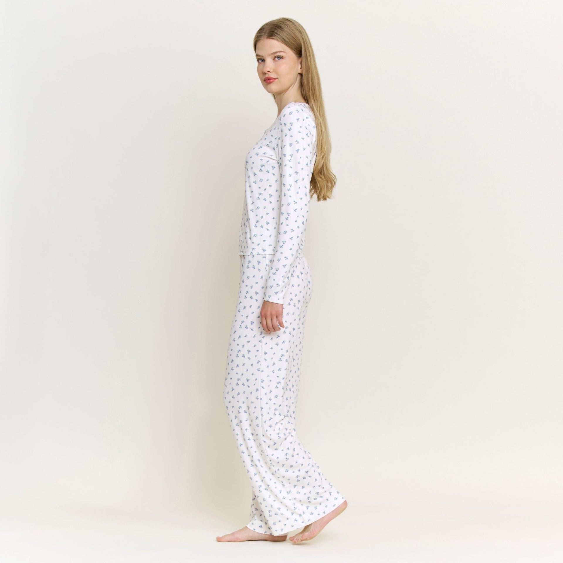 Blissful Long Henley Set in Ivory Ditsy - Honeydew - XS