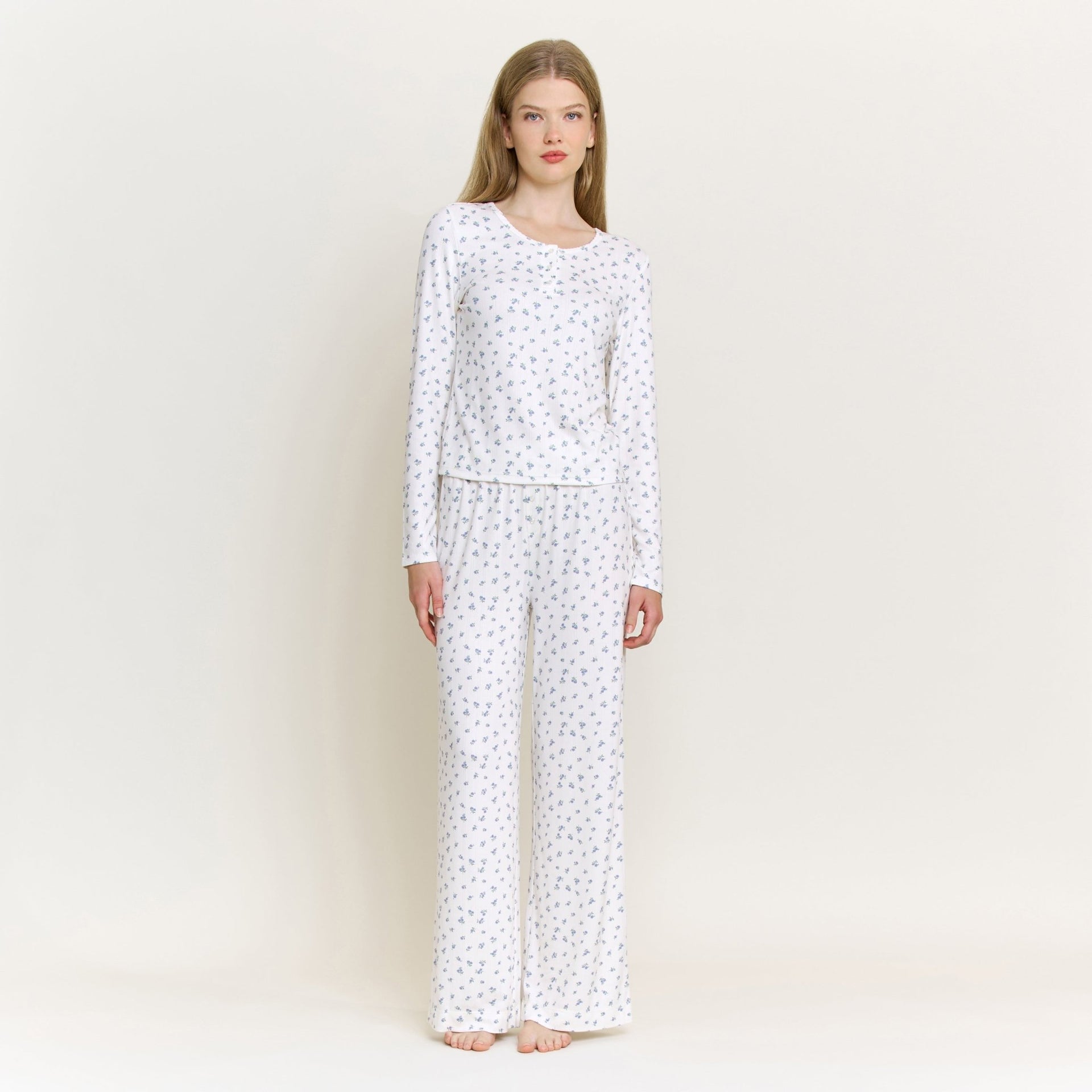 Blissful Long Henley Set in Ivory Ditsy - Honeydew - XS