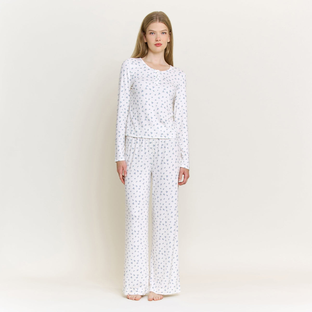 Blissful Long Henley Set in Ivory Ditsy - Sleepwear & Loungewear - XL