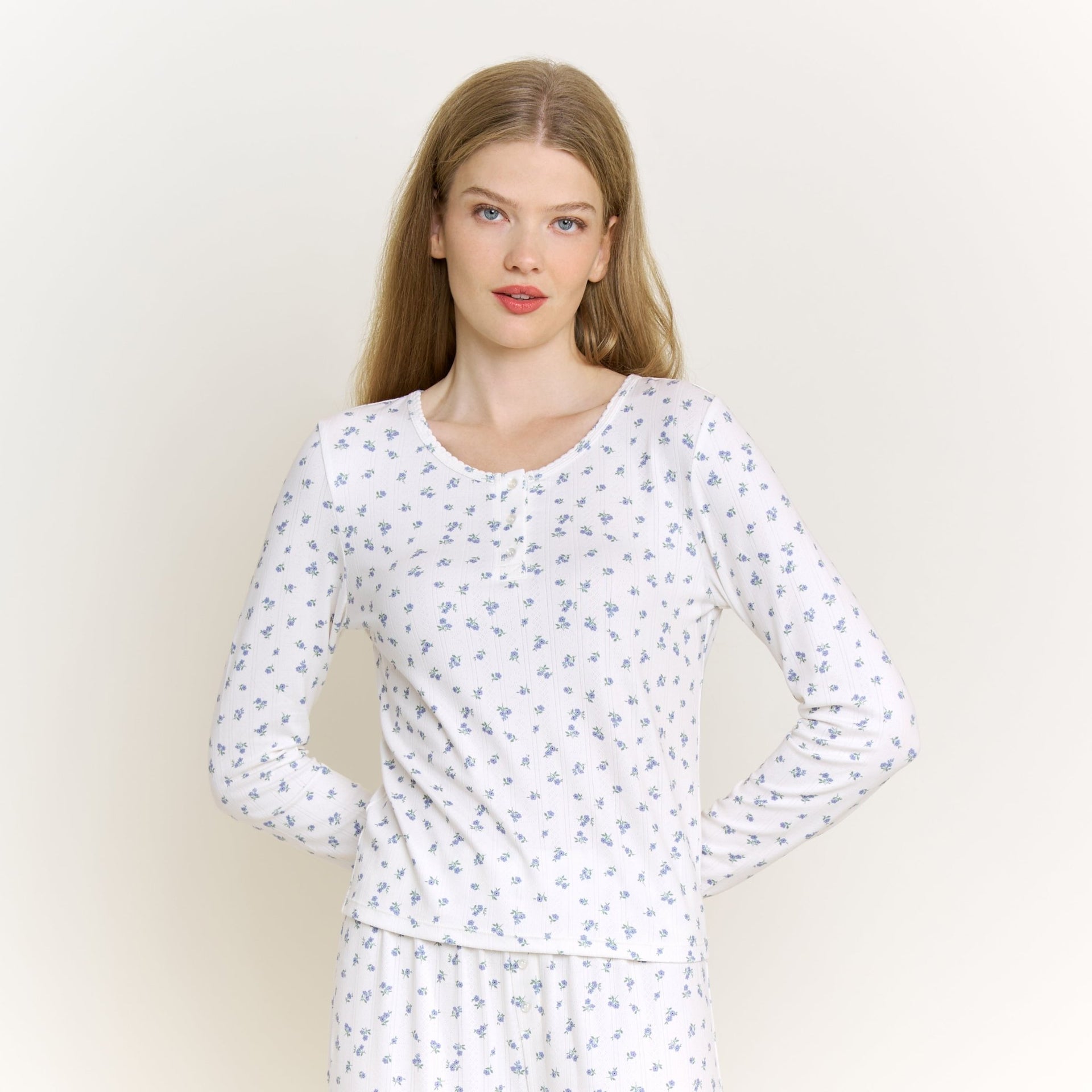 Blissful Long Henley Set in Ivory Ditsy - Honeydew - XS