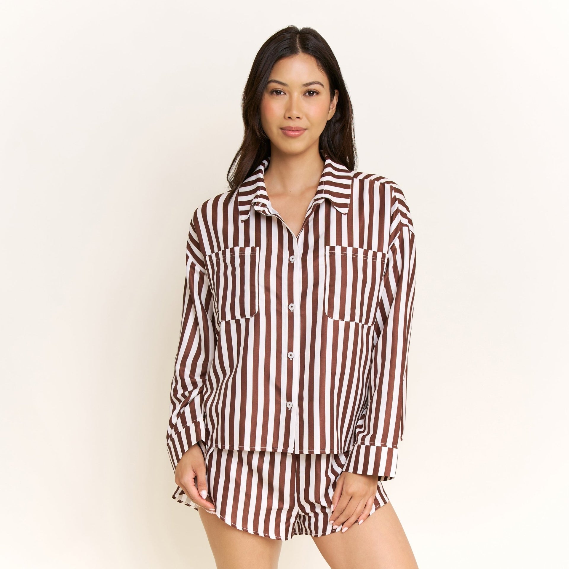Brunch Date Long Sleeve Shortie PJ Set in Chocolate Stripe - Honeydew - XS