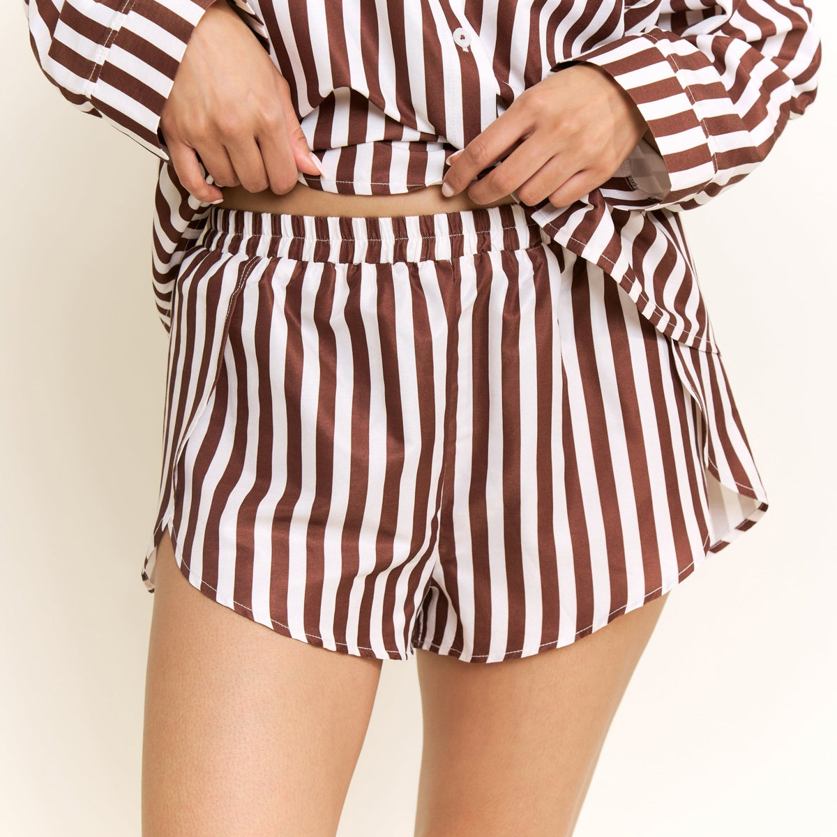 Brunch Date Long Sleeve Shortie PJ Set in Chocolate Stripe - Sleepwear & Loungewear -