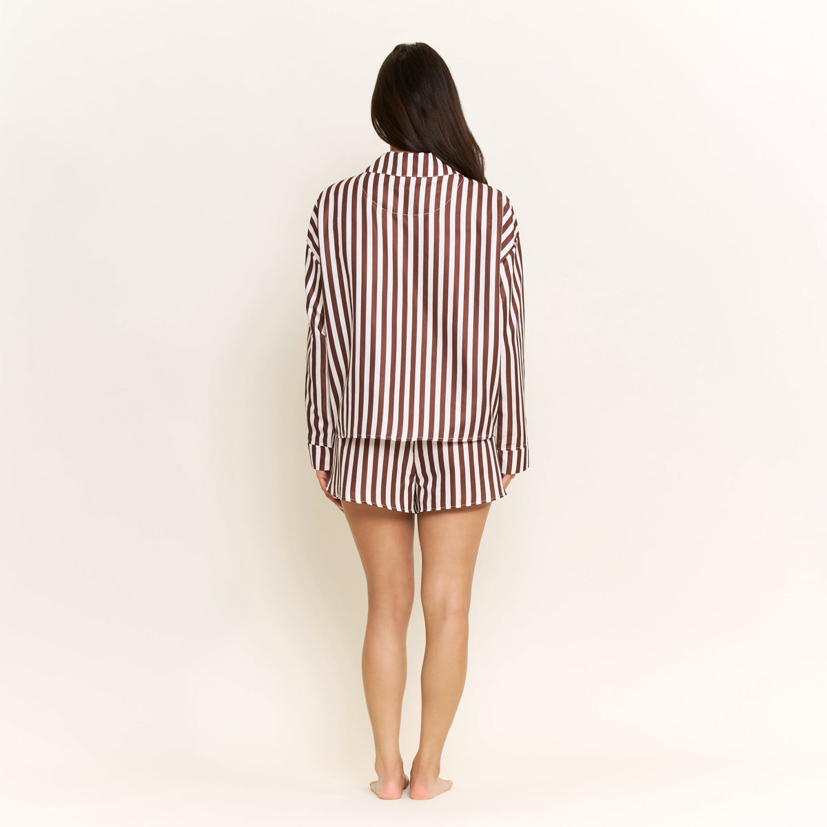 Brunch Date Long Sleeve Shortie PJ Set in Chocolate Stripe - Sleepwear & Loungewear -