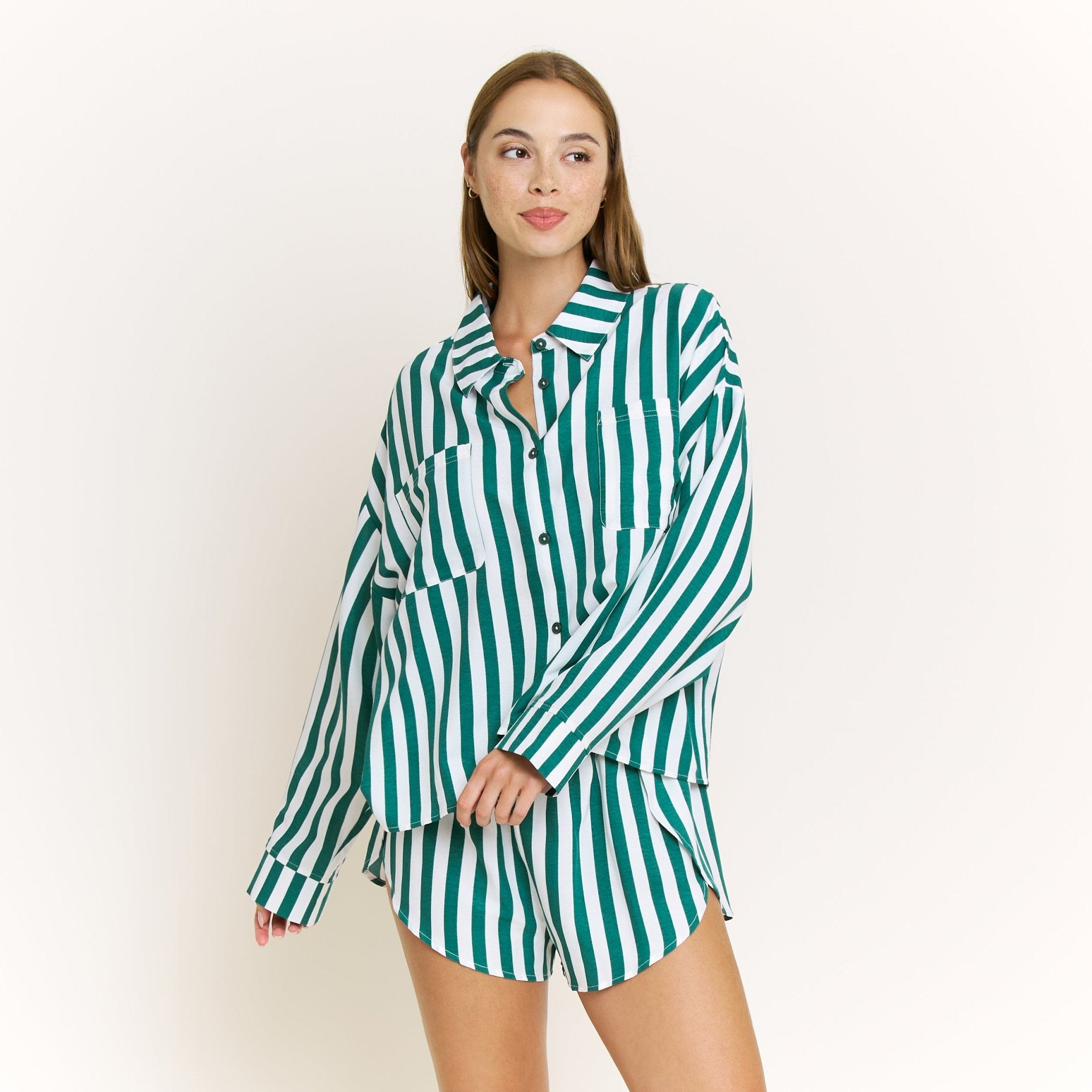 Brunch Date Long Sleeve Shortie PJ Set in Mistletoe Stripe - Sleepwear & Loungewear - XL