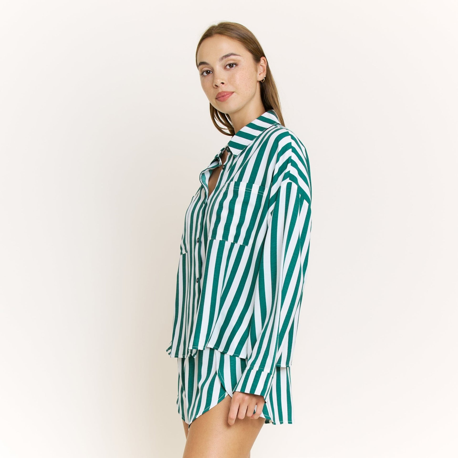 Brunch Date Long Sleeve Shortie PJ Set in Mistletoe Stripe - Sleepwear & Loungewear -