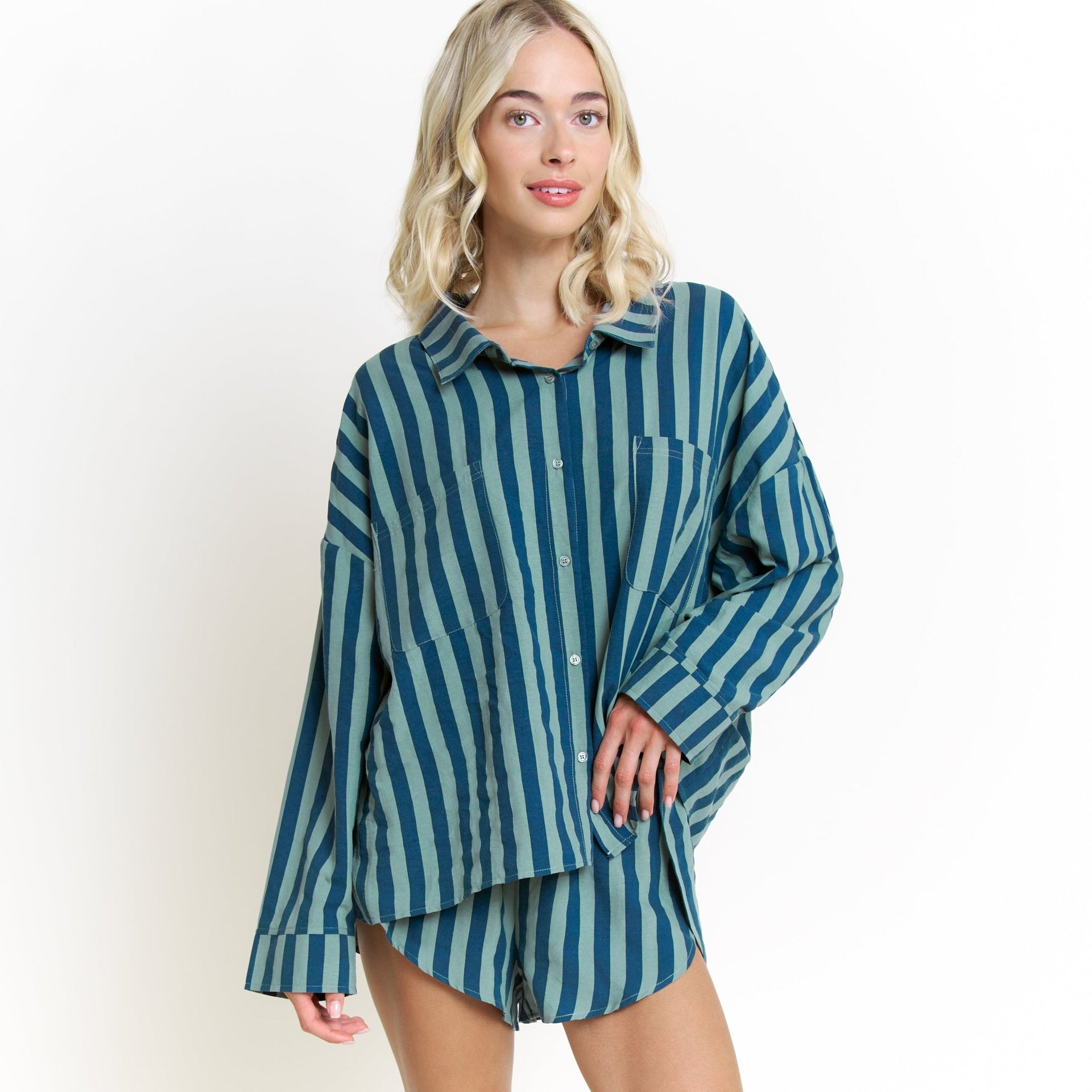 Brunch Date Long Sleeve Shortie PJ Set in Royal Stripe - Sleepwear & Loungewear - XL