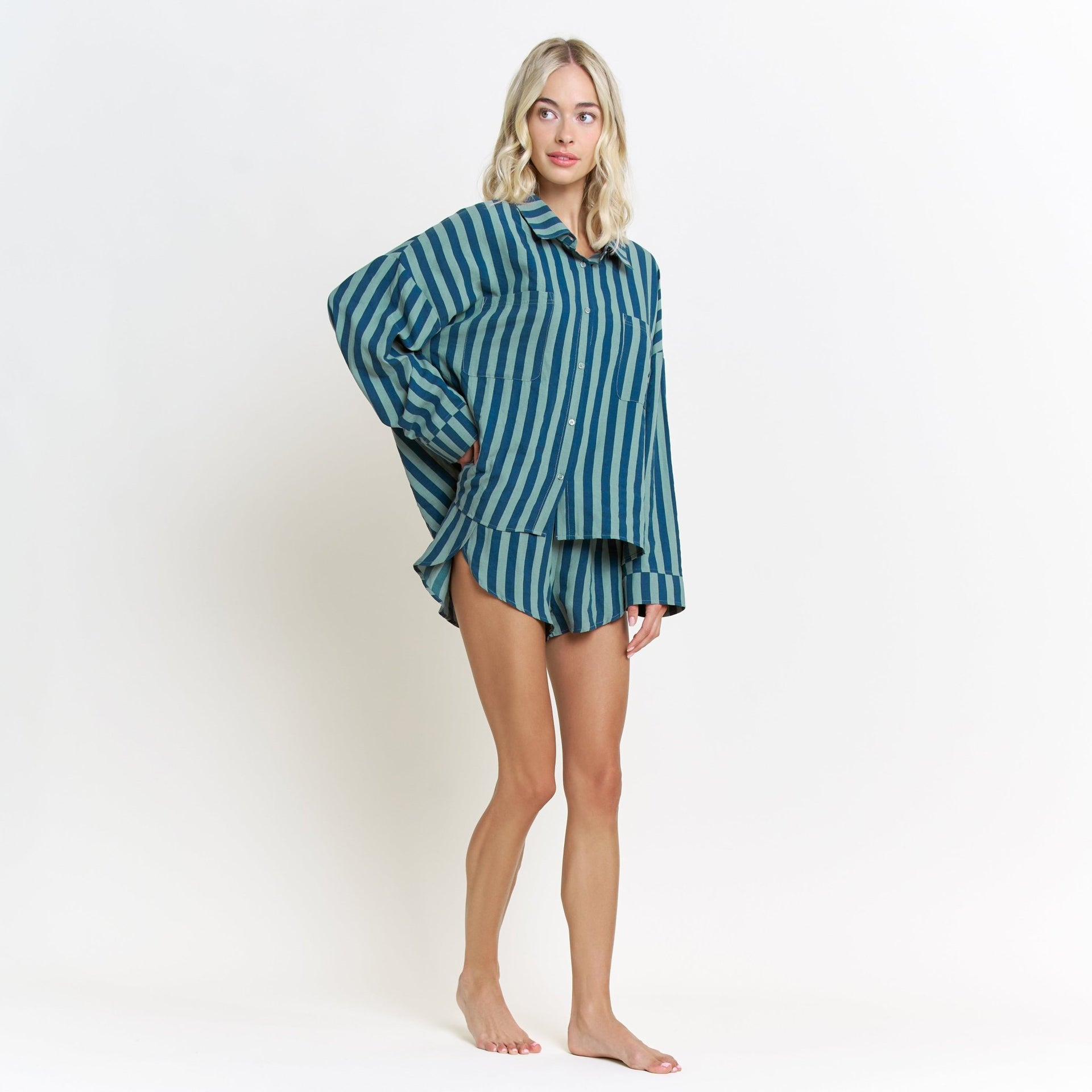 Brunch Date Long Sleeve Shortie PJ Set in Royal Stripe - Sleepwear & Loungewear -