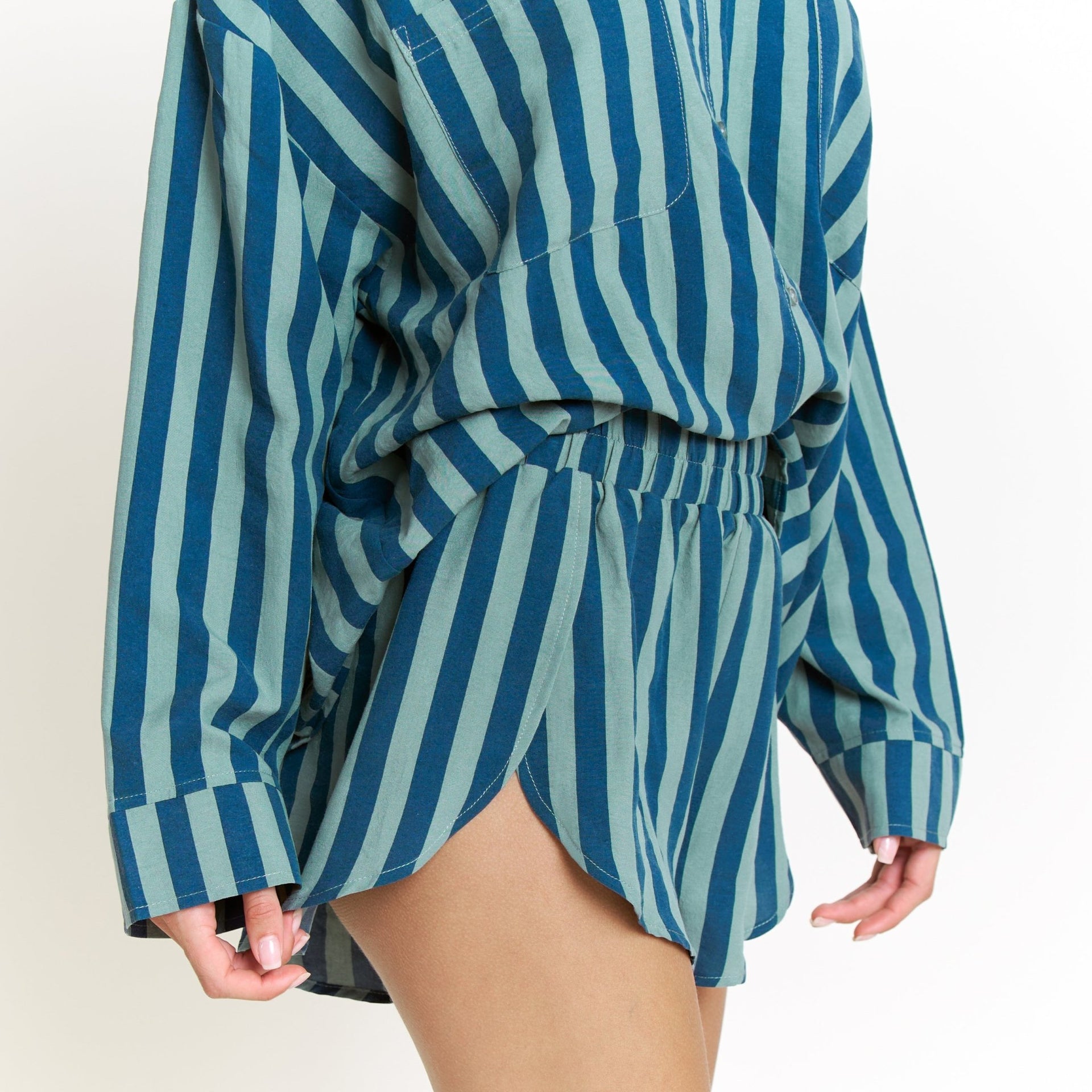 Brunch Date Long Sleeve Shortie PJ Set in Royal Stripe - Sleepwear & Loungewear -