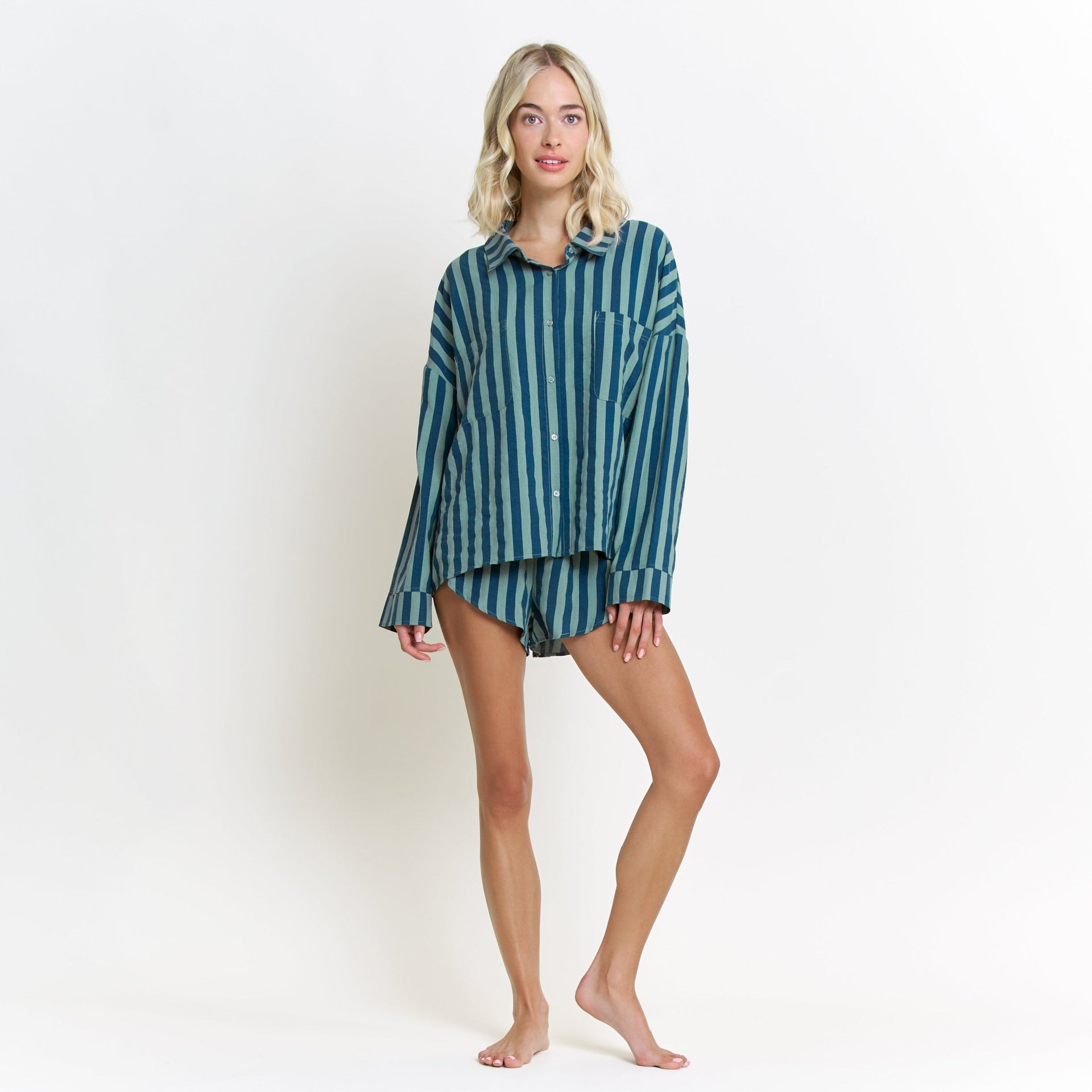 Brunch Date Long Sleeve Shortie PJ Set in Royal Stripe - Sleepwear & Loungewear -