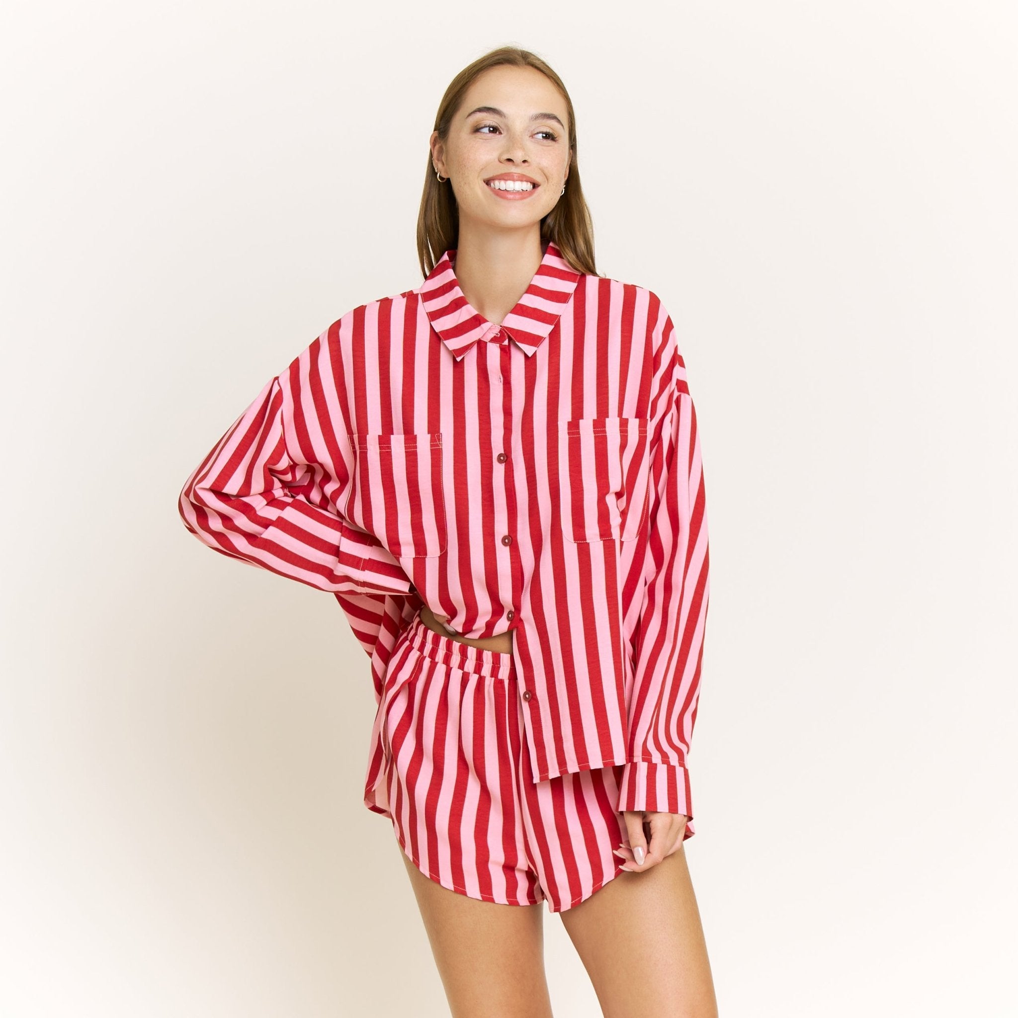 Brunch Date Long Sleeve Shortie PJ Set in Santa Stripe - Sleepwear & Loungewear - XL