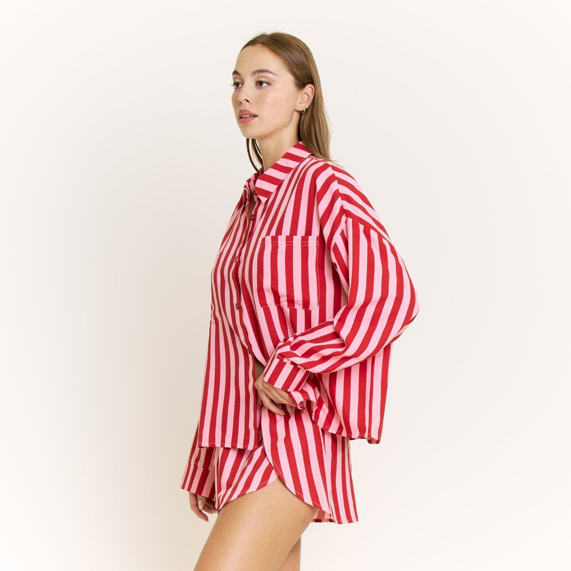 Brunch Date Long Sleeve Shortie PJ Set in Santa Stripe - Sleepwear & Loungewear -