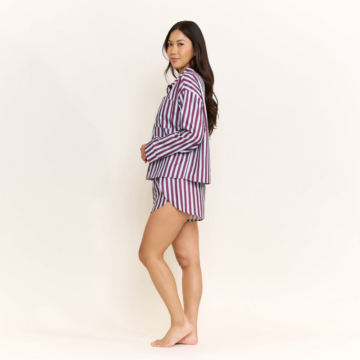 Brunch Date Long Sleeve Shortie PJ Set in Wine Stripe - Sleepwear & Loungewear -
