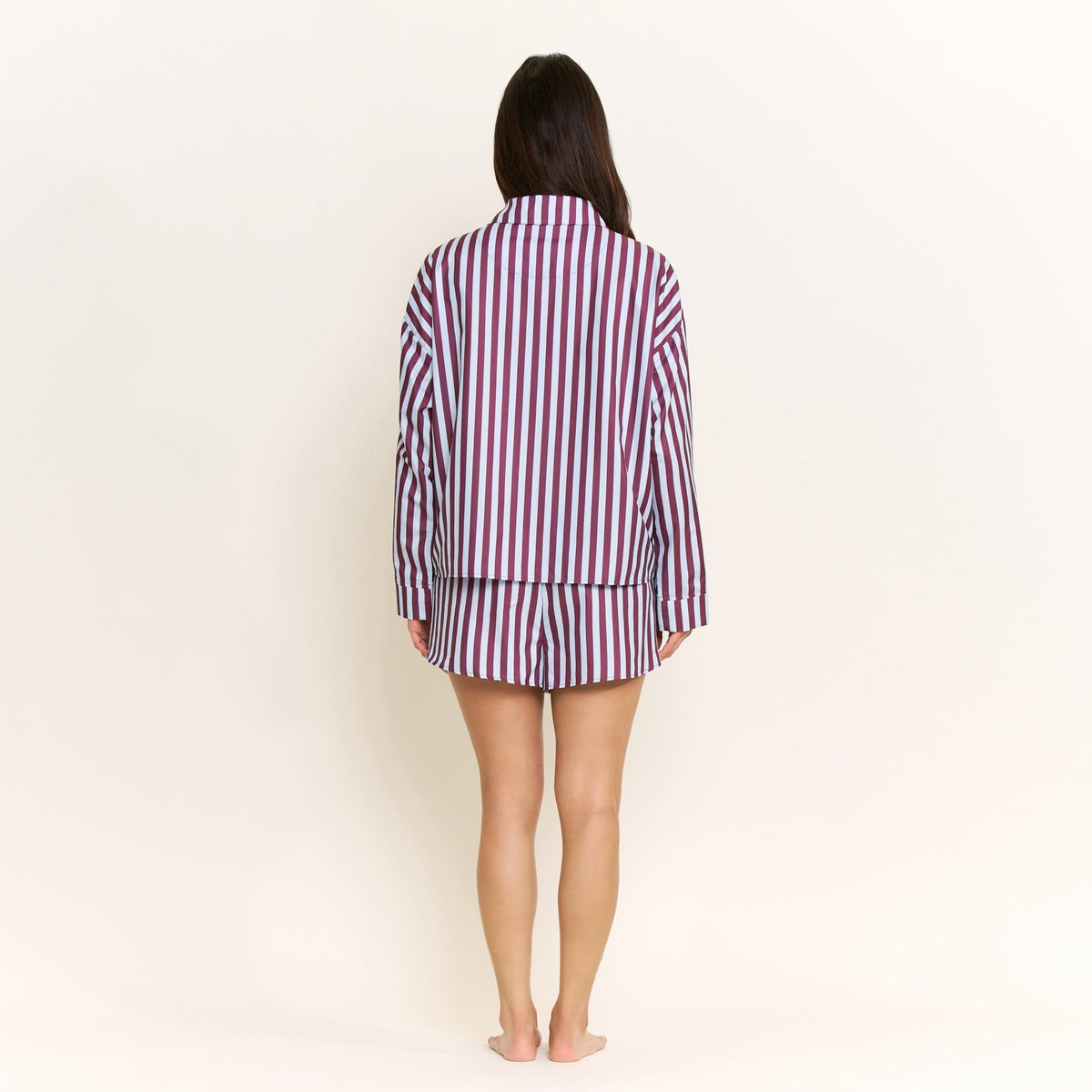 Brunch Date Long Sleeve Shortie PJ Set in Wine Stripe - Sleepwear & Loungewear -