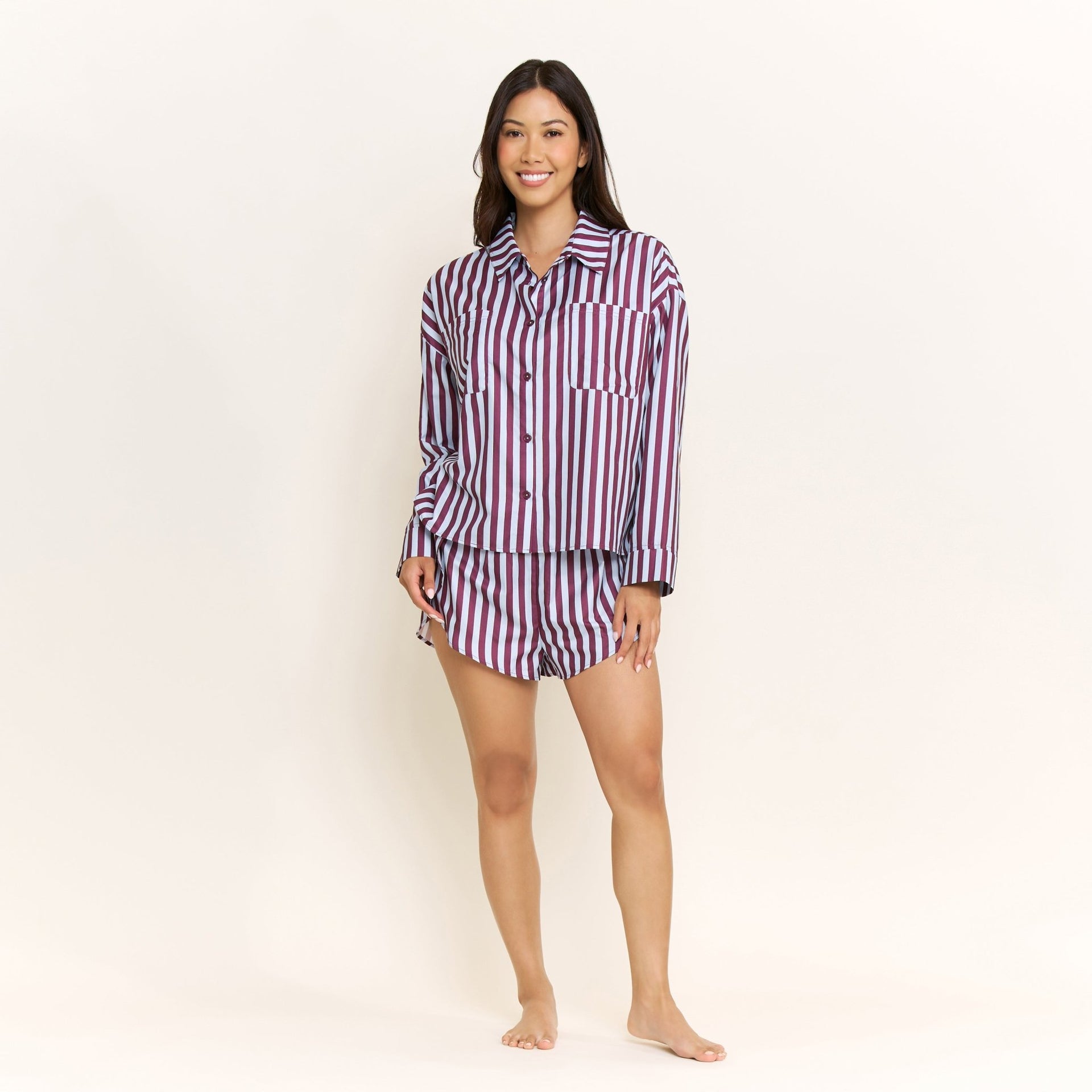 Brunch Date Long Sleeve Shortie PJ Set in Wine Stripe - Honeydew - XS