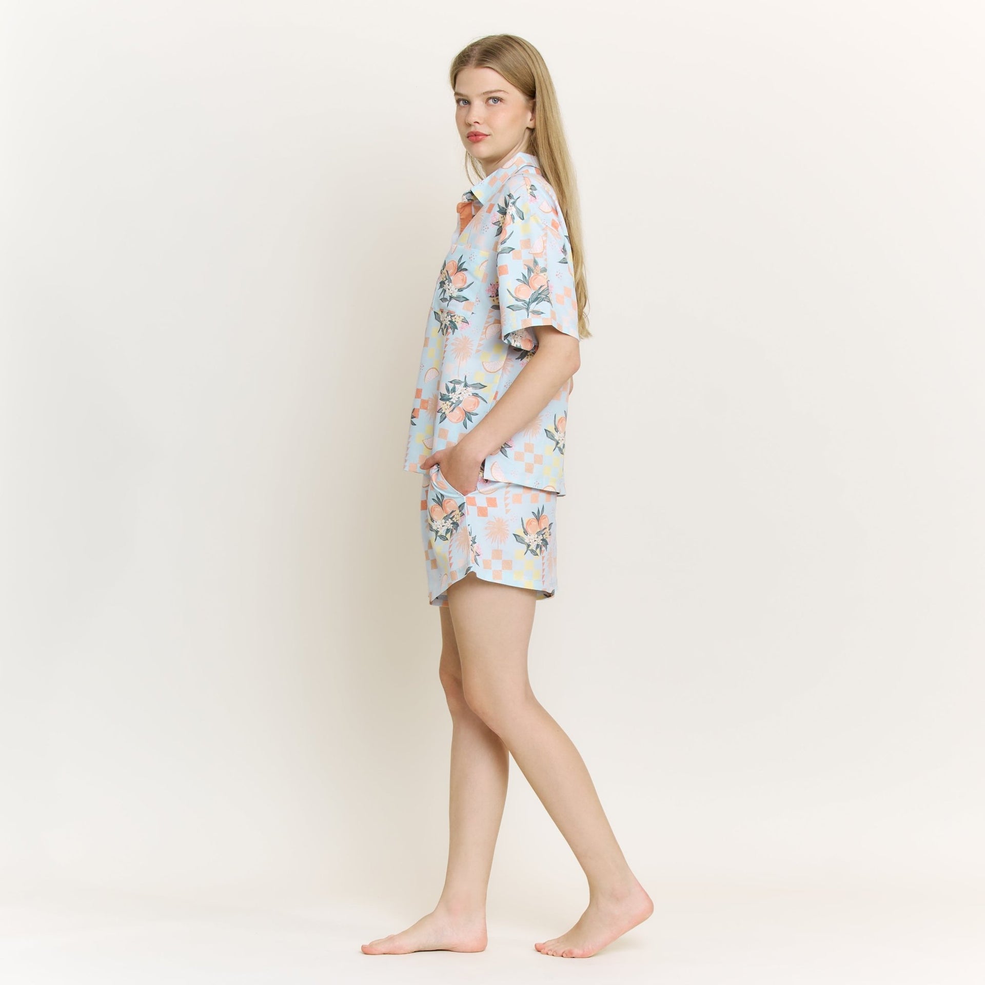 Brunch Date Shortie PJ Set in Citrus Check - Honeydew - XS