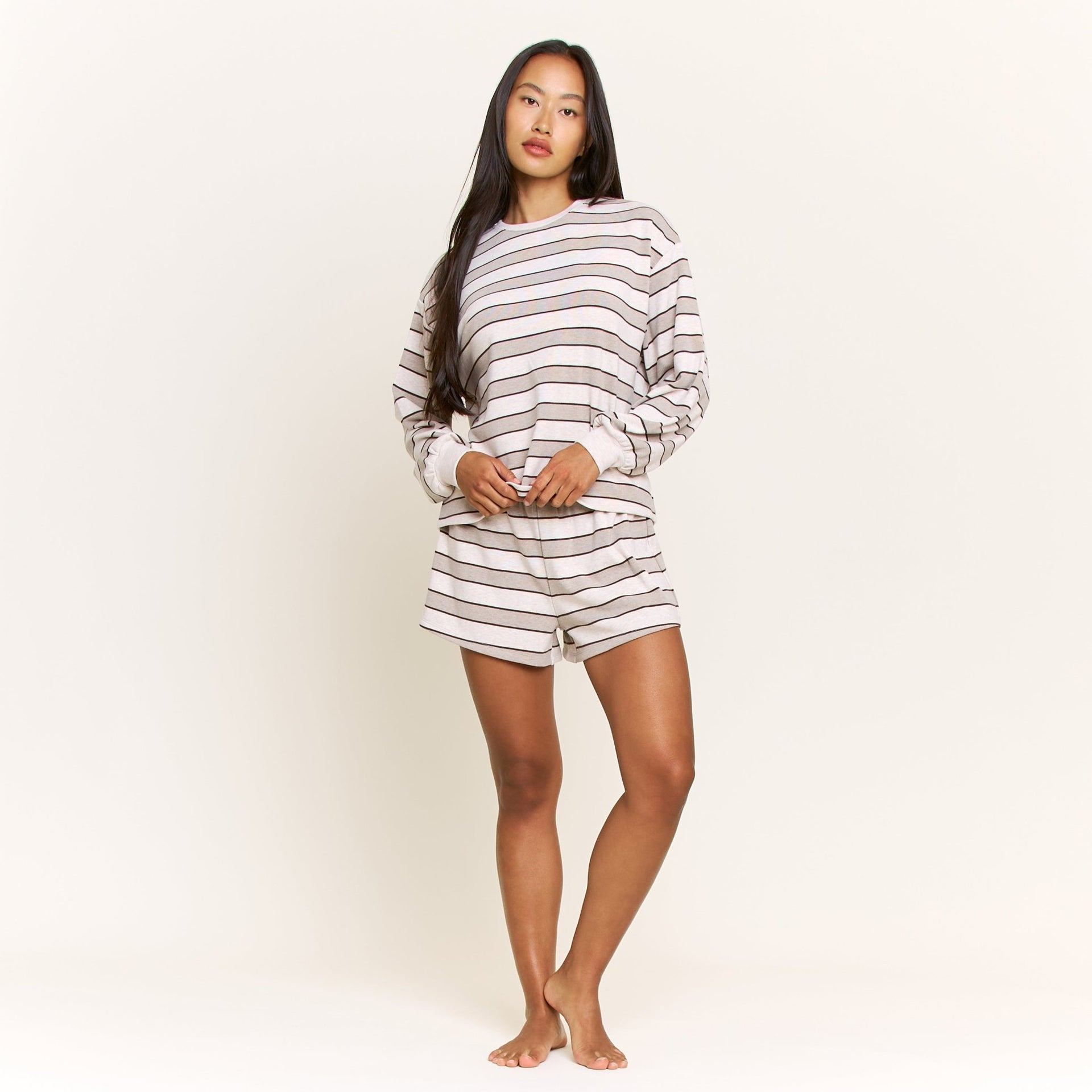 Cozy Era Long Sleeve Shortie Set in Coffee Stripe - Honeydew - XS