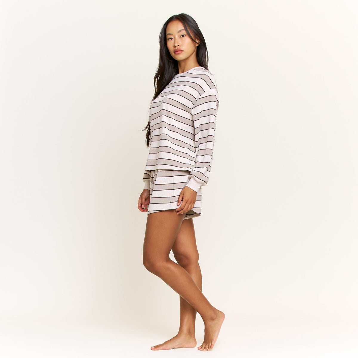 Cozy Era Long Sleeve Shortie Set in Coffee Stripe - Sleepwear & Loungewear -