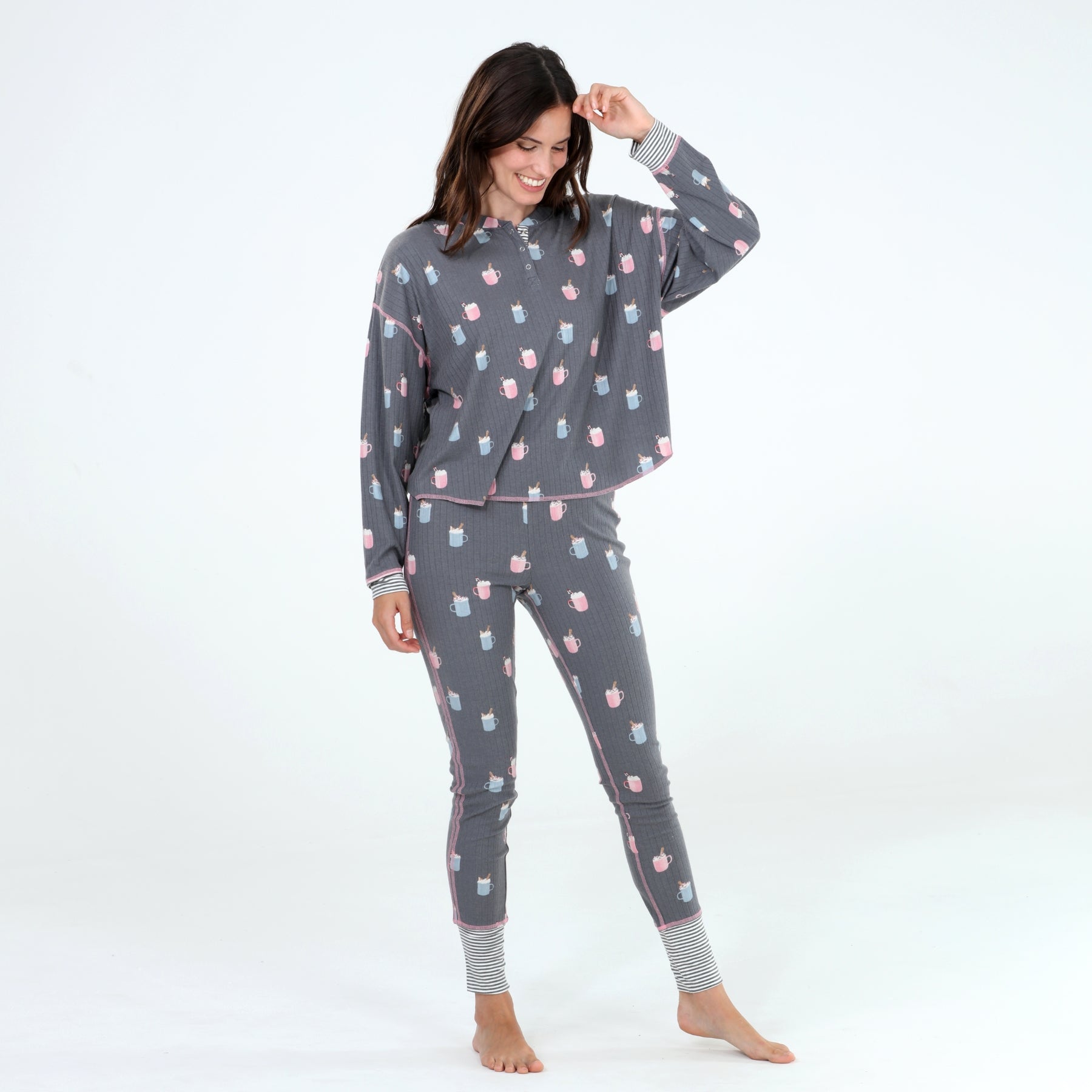 Cuddle Crew Rib Jersey PJ Set in Ash Mugs - Sleepshirt+Pants - X-Large