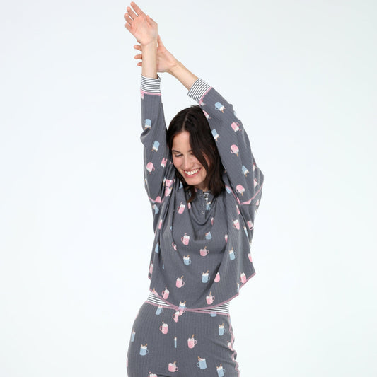 Cuddle Crew Rib Jersey PJ Set in Ash Mugs - Sleepshirt+Pants -